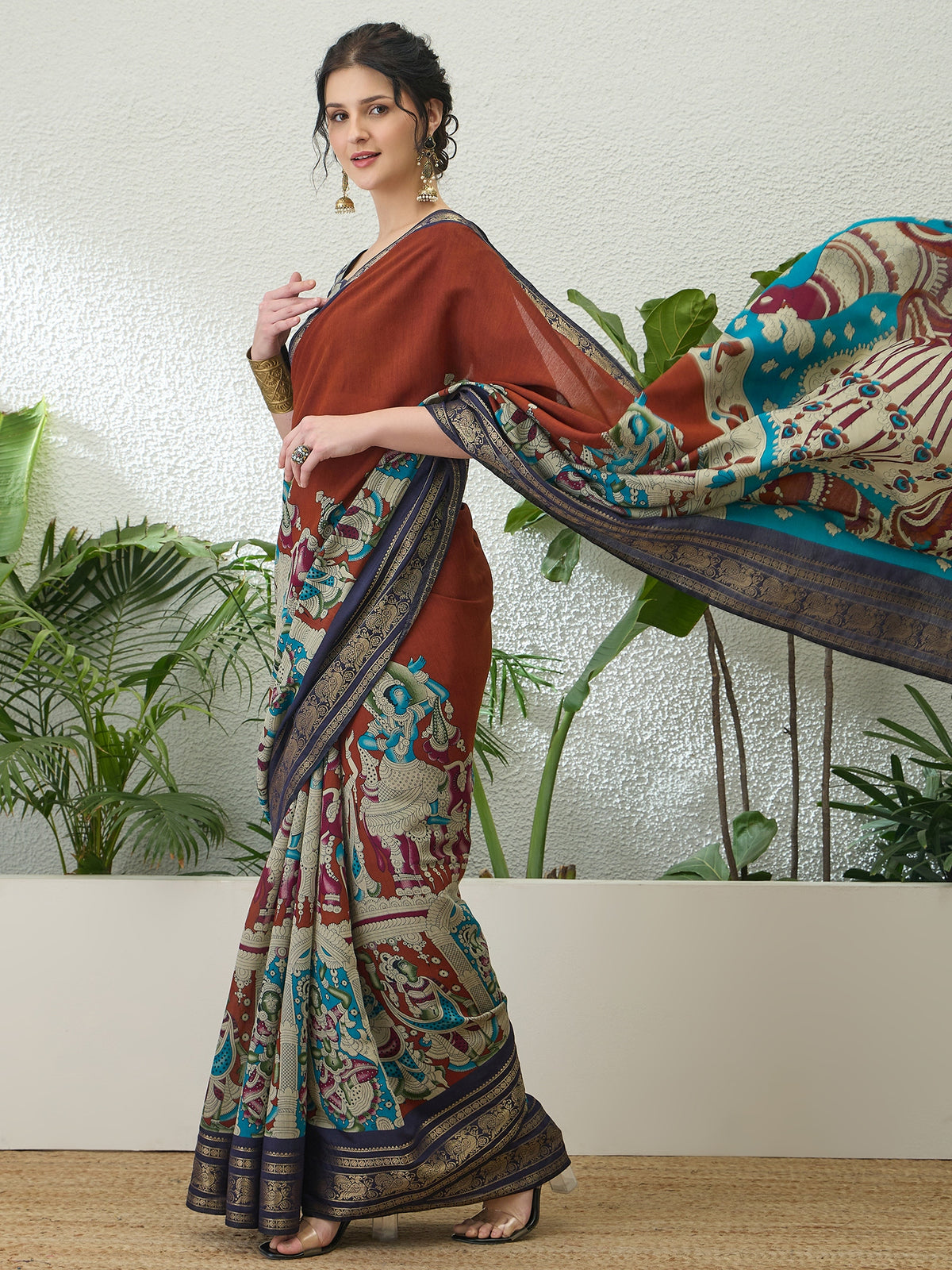 Imaginative Party Wear Cotton Silk Kalamkari Print Fancy Designer Saree With Unstitched Blouse
