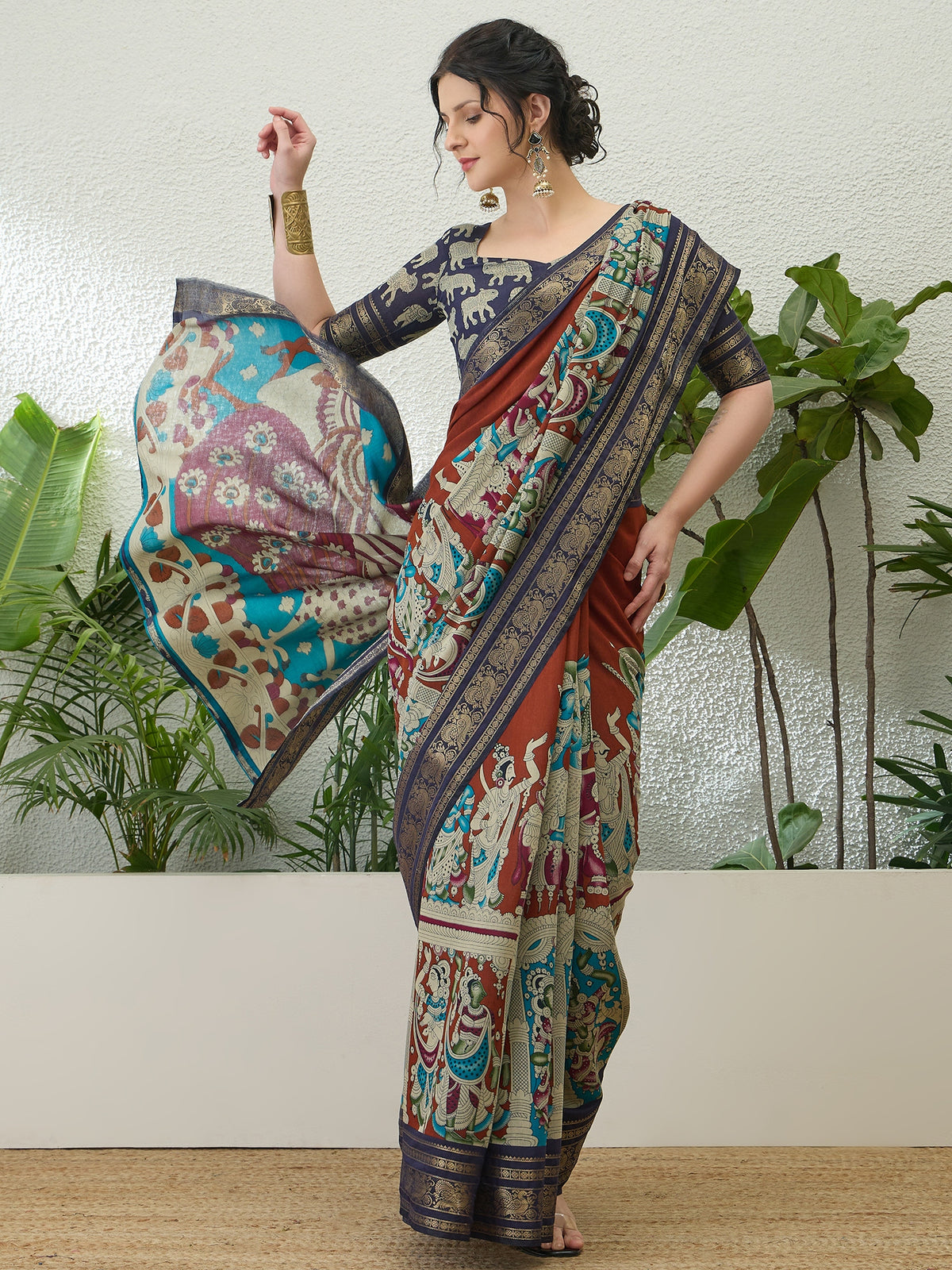 Imaginative Party Wear Cotton Silk Kalamkari Print Fancy Designer Saree With Unstitched Blouse