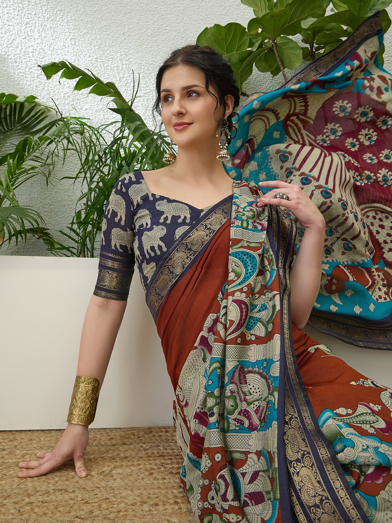 Imaginative Party Wear Cotton Silk Kalamkari Print Fancy Designer Saree With Unstitched Blouse