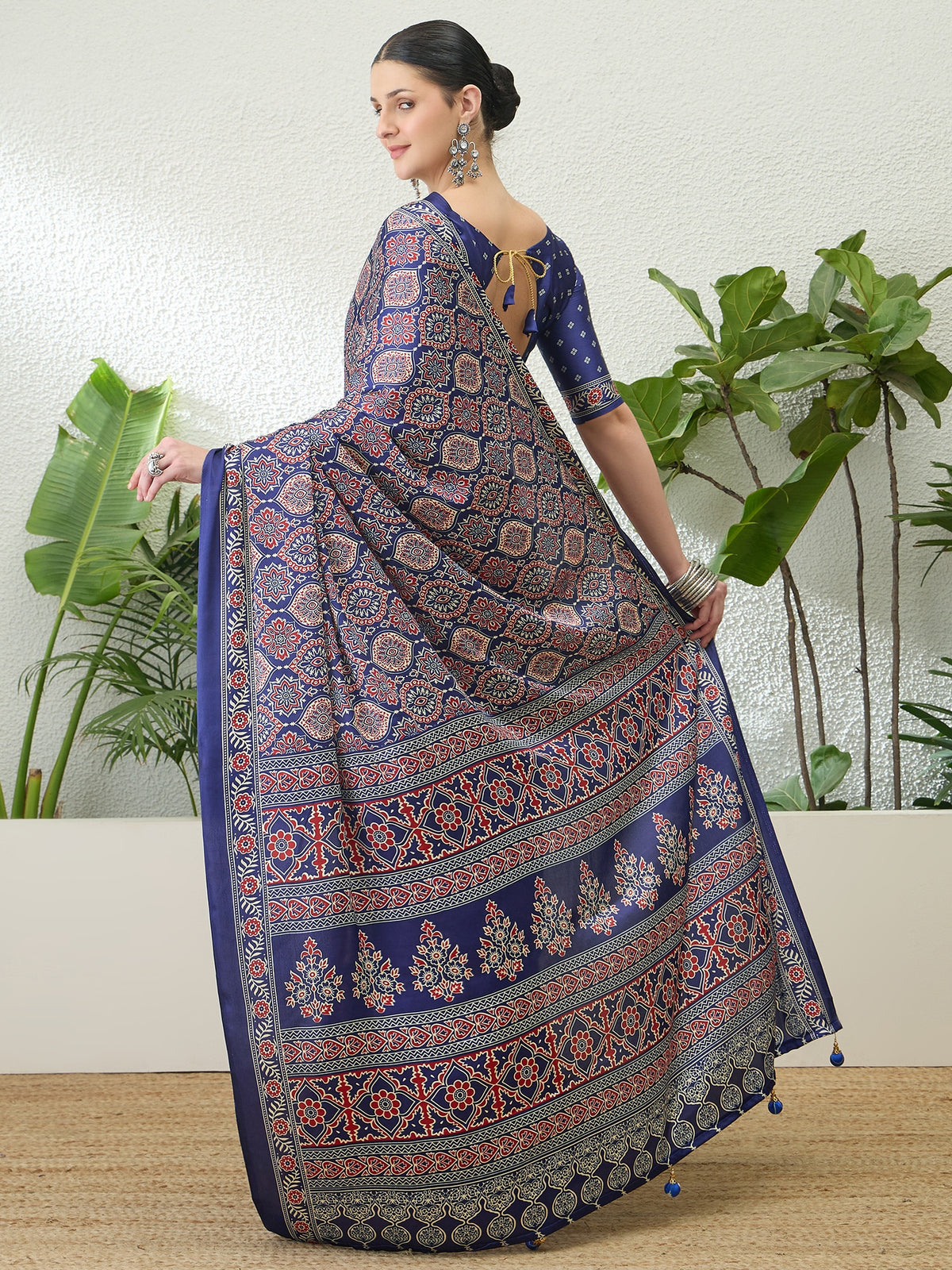 Fantabulous Festive Wear Satin Silk Ajrak Printed Rich Pallu Fancy Saree With Unstitched Blouse Piece