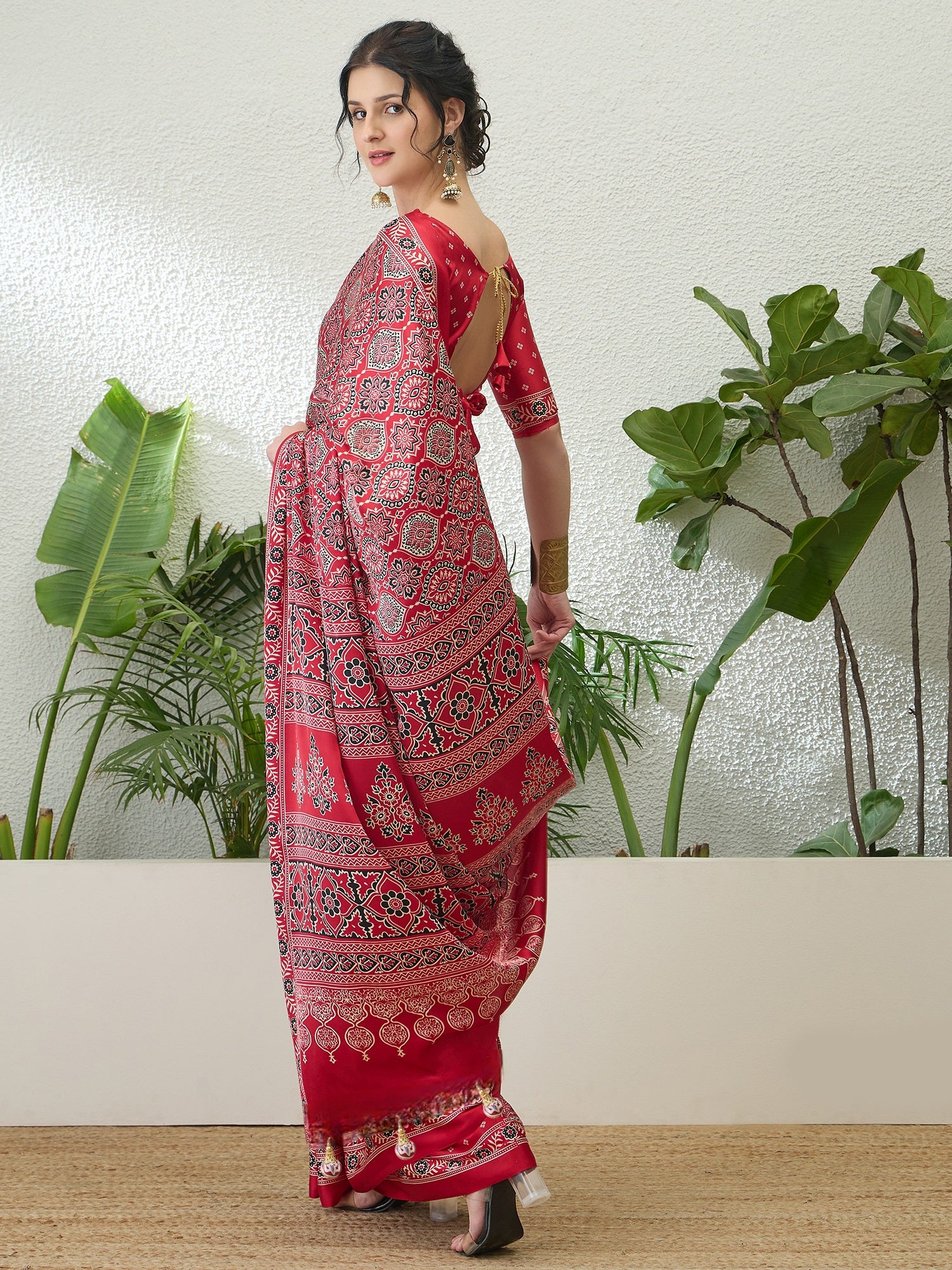 Fantabulous Festive Wear Satin Silk Ajrak Printed Rich Pallu Fancy Saree With Unstitched Blouse Piece