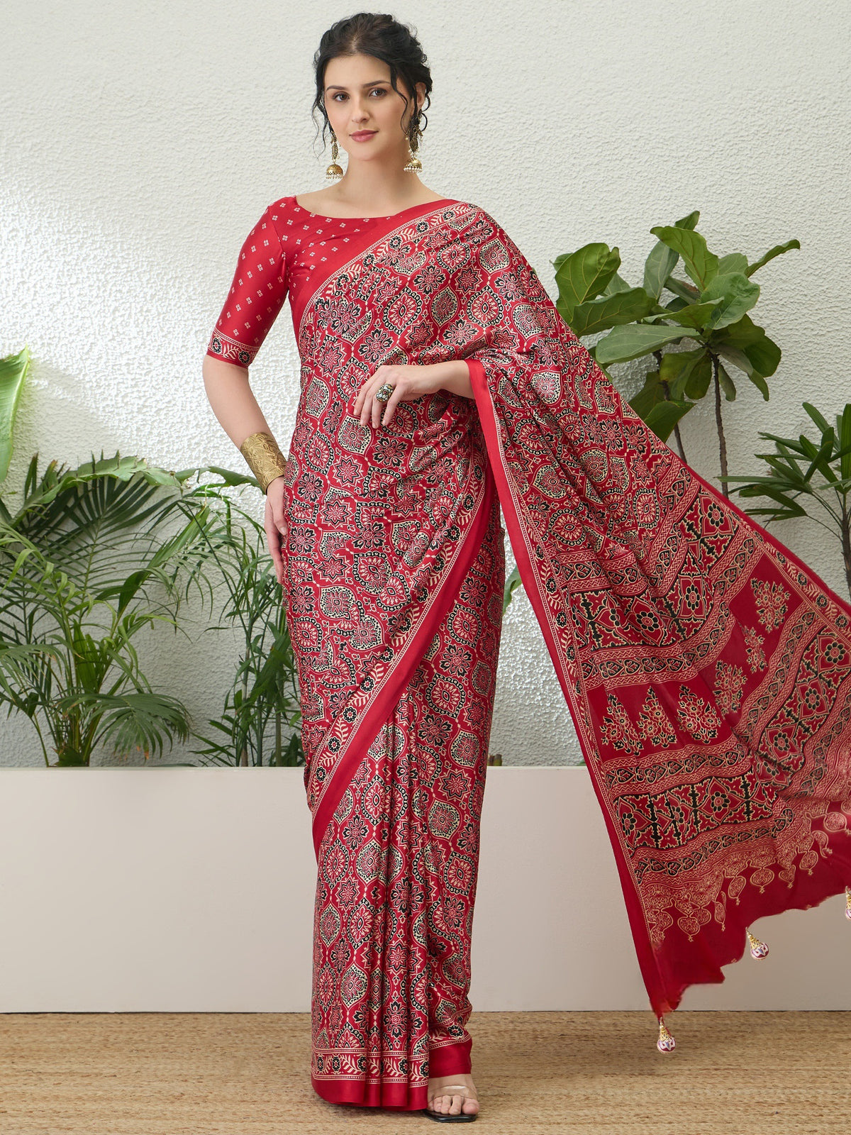 Fantabulous Festive Wear Satin Silk Ajrak Printed Rich Pallu Fancy Saree With Unstitched Blouse Piece