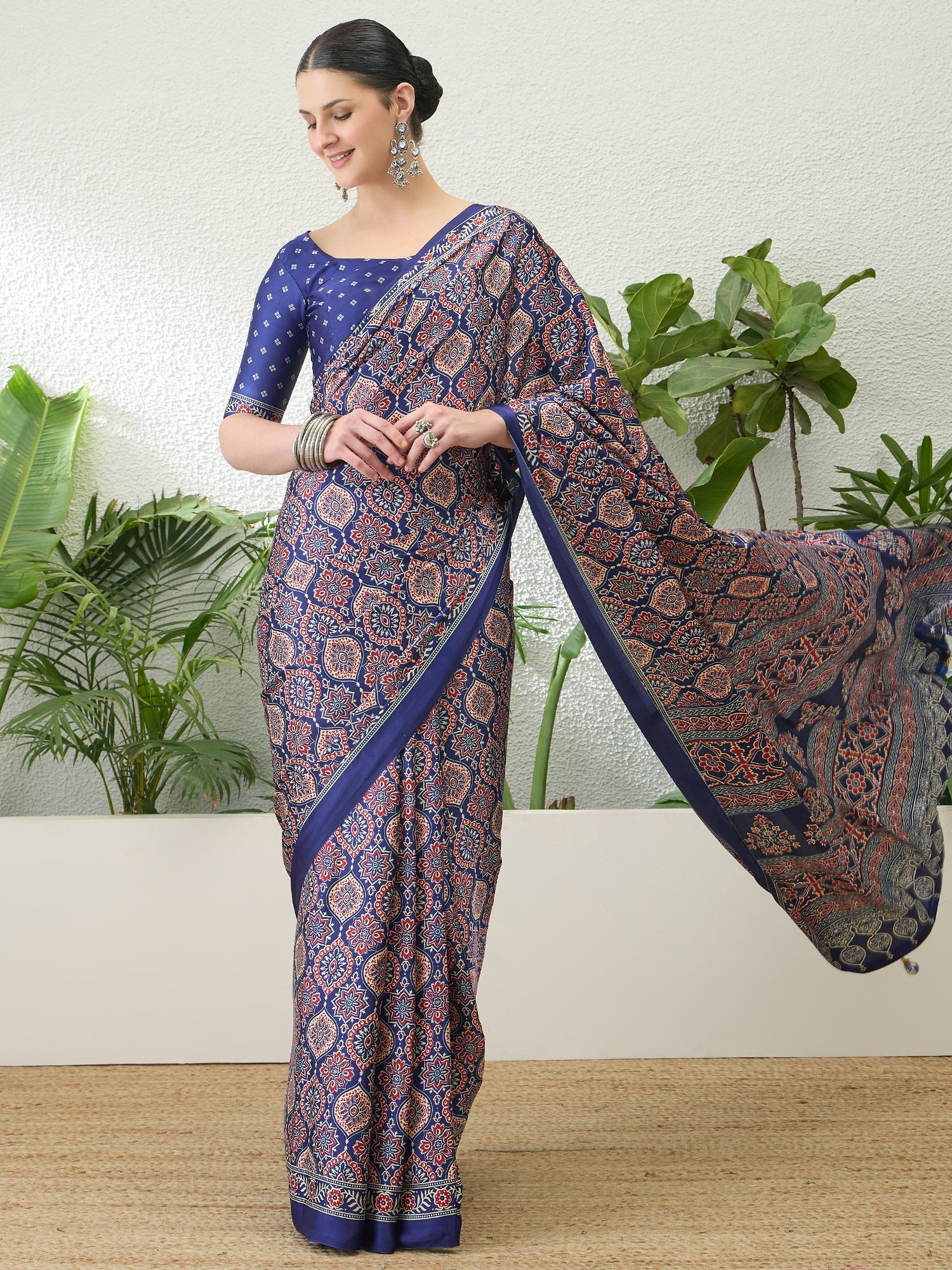Fantabulous Festive Wear Satin Silk Ajrak Printed Rich Pallu Fancy Saree With Unstitched Blouse Piece