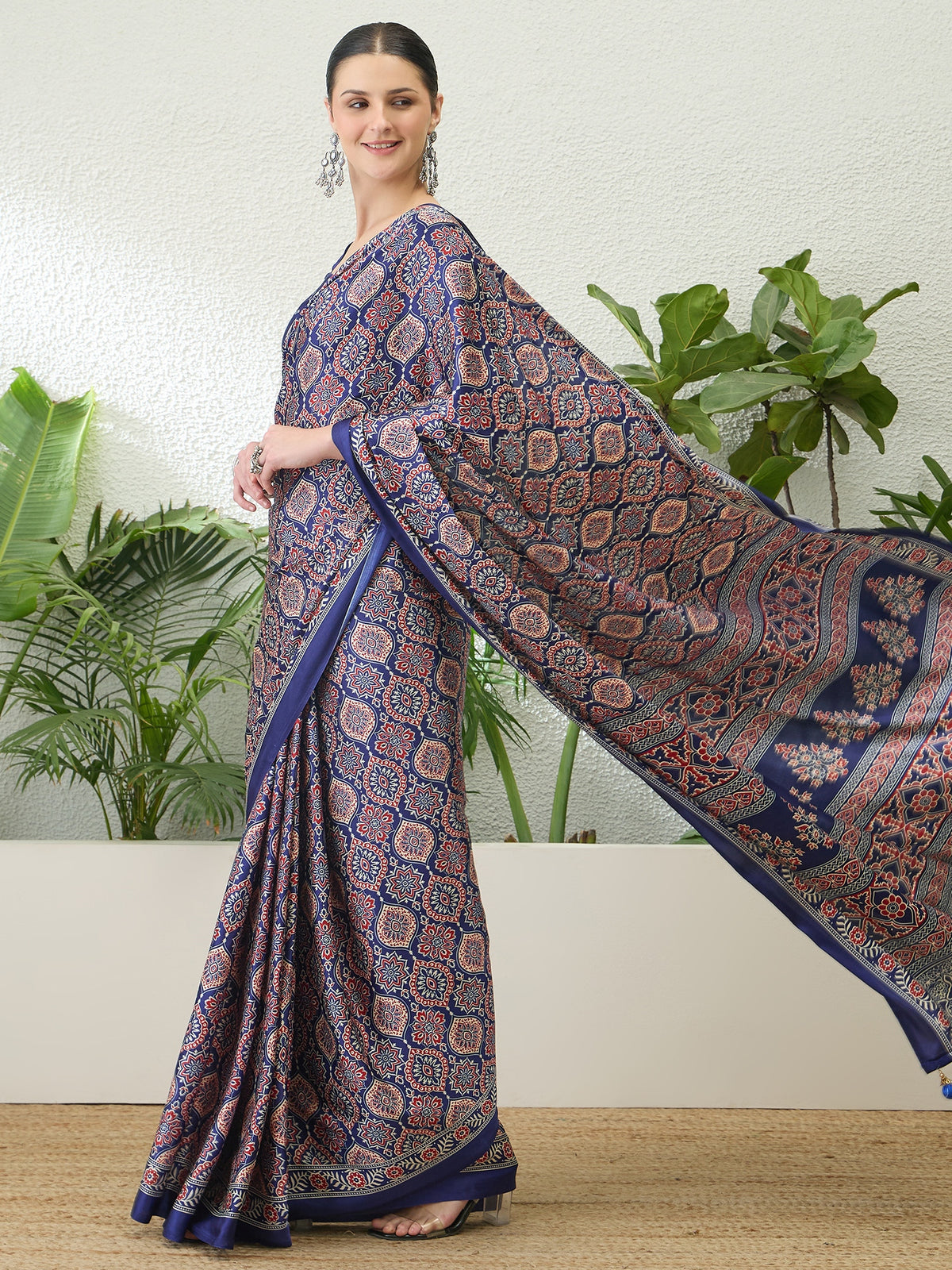 Fantabulous Festive Wear Satin Silk Ajrak Printed Rich Pallu Fancy Saree With Unstitched Blouse Piece