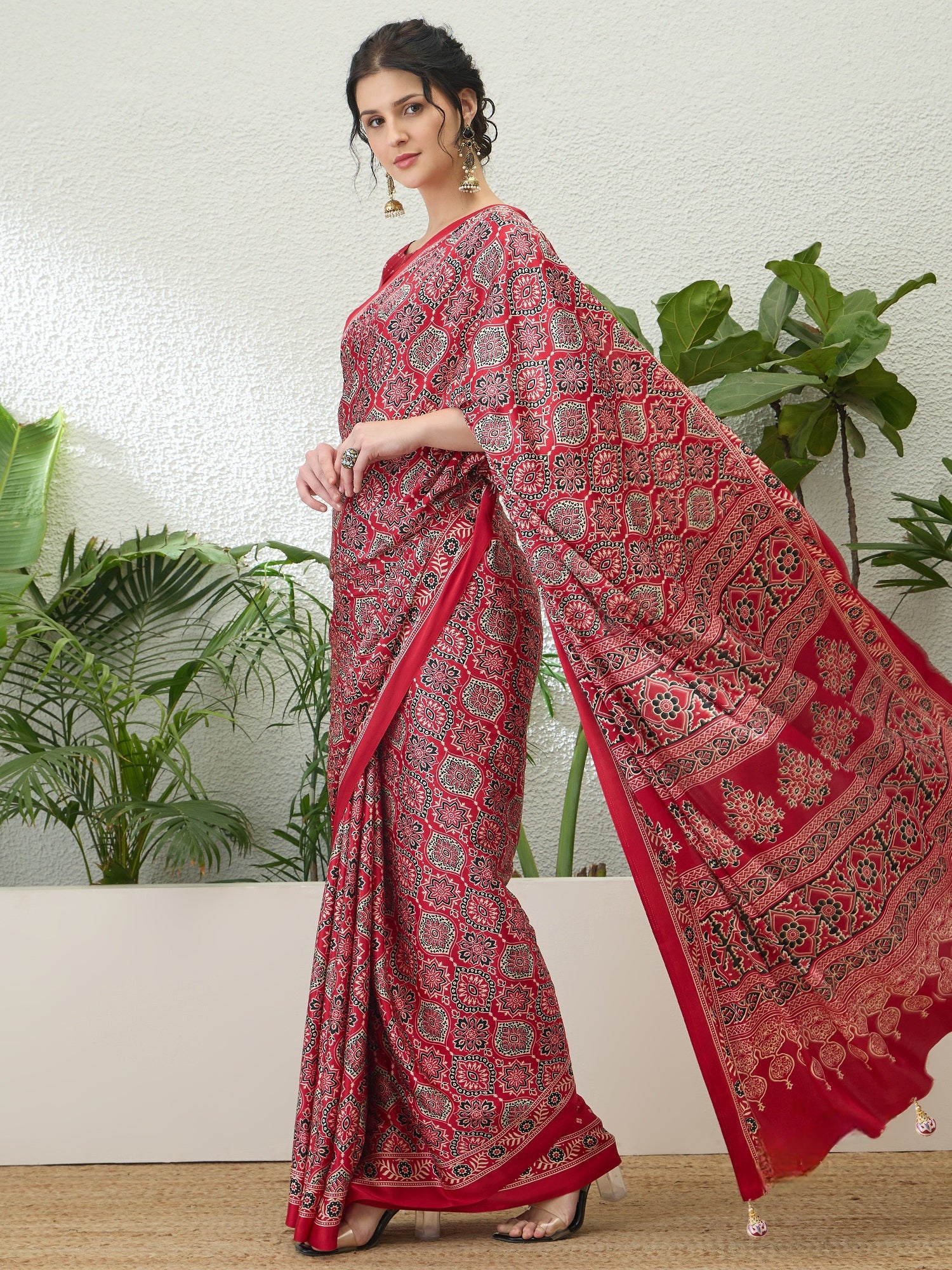 Fantabulous Festive Wear Satin Silk Ajrak Printed Rich Pallu Fancy Saree With Unstitched Blouse Piece