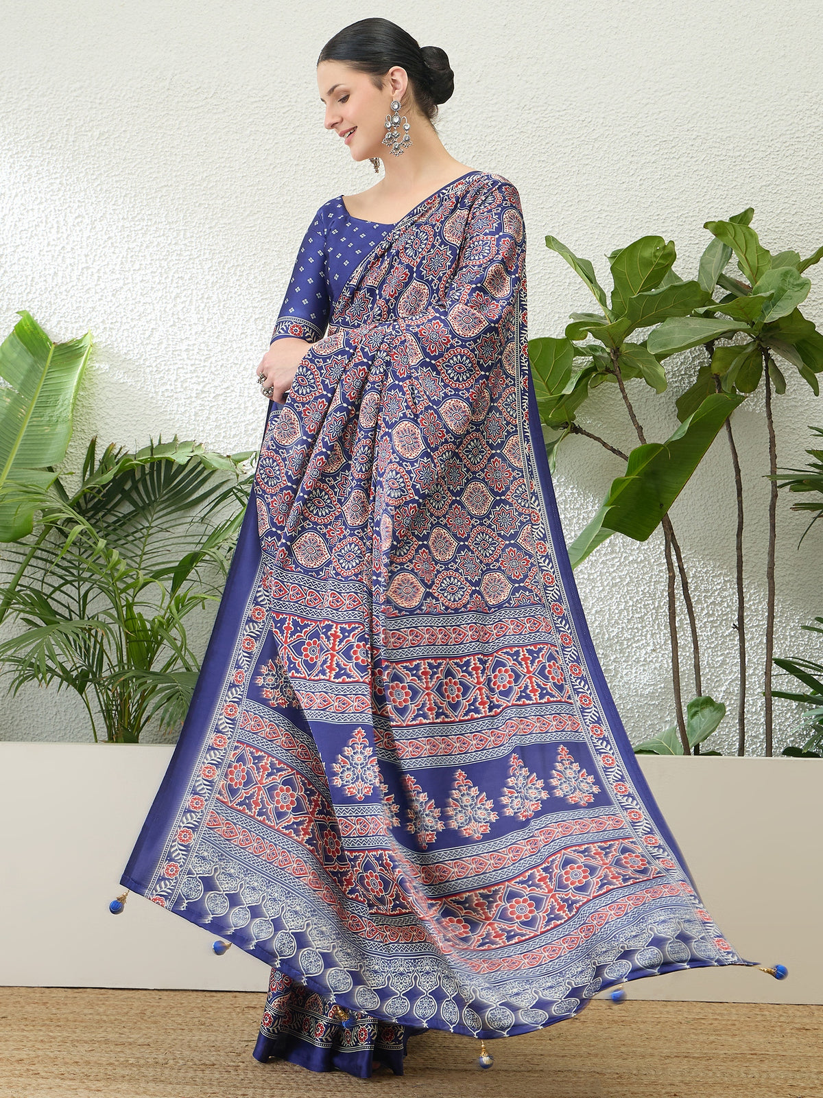 Fantabulous Festive Wear Satin Silk Ajrak Printed Rich Pallu Fancy Saree With Unstitched Blouse Piece
