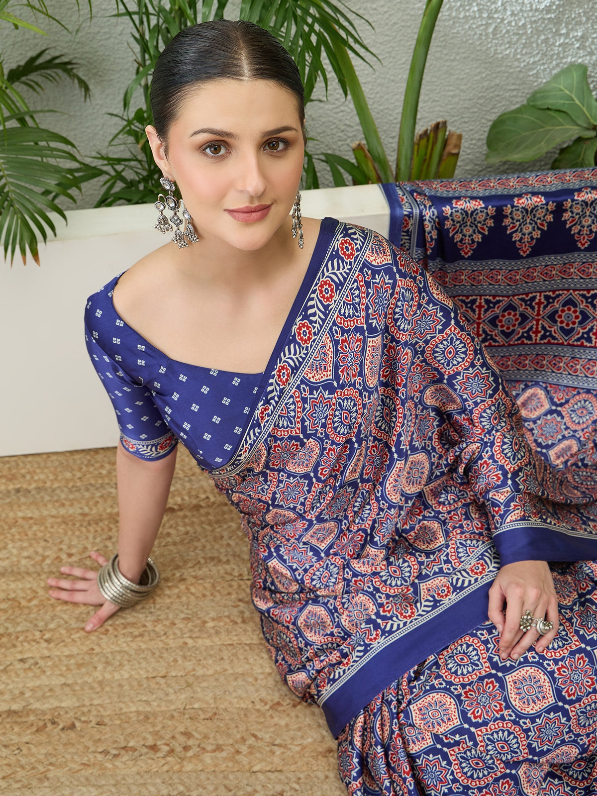 Fantabulous Festive Wear Satin Silk Ajrak Printed Rich Pallu Fancy Saree With Unstitched Blouse Piece