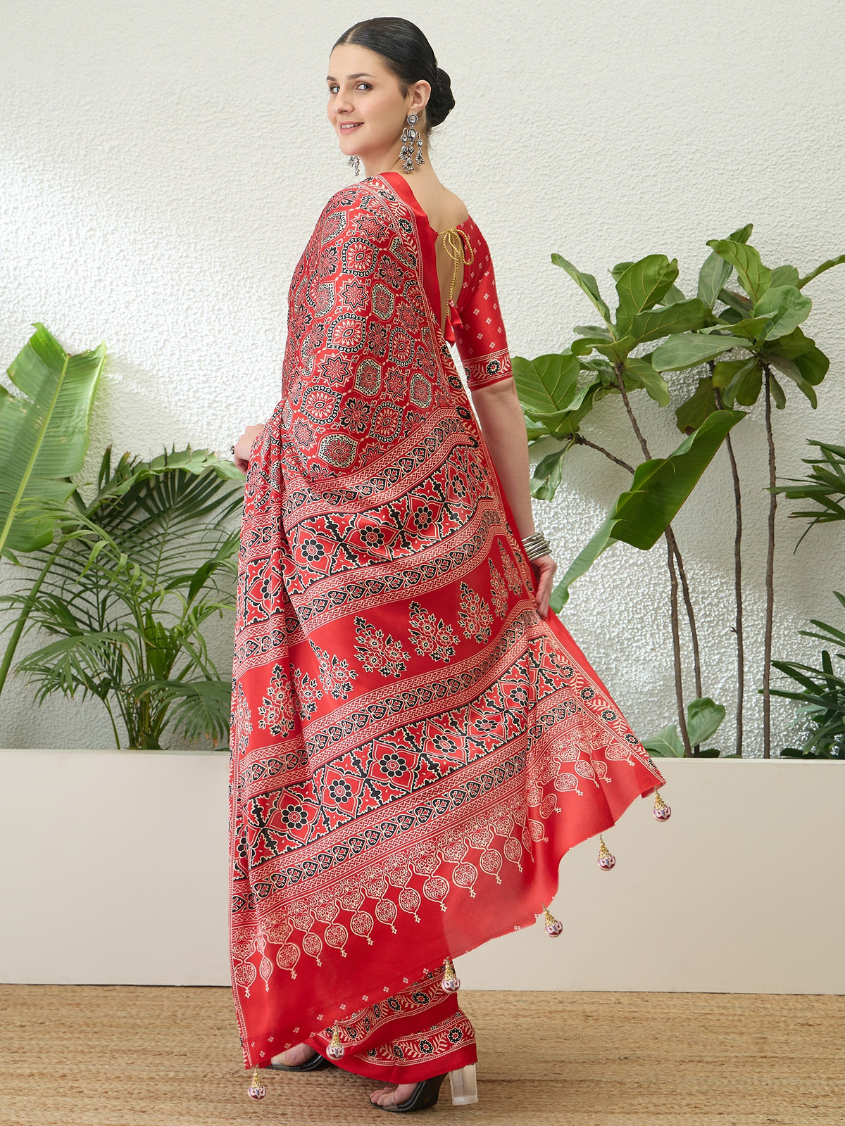 Fantabulous Festive Wear Satin Silk Ajrak Printed Rich Pallu Fancy Saree With Unstitched Blouse Piece