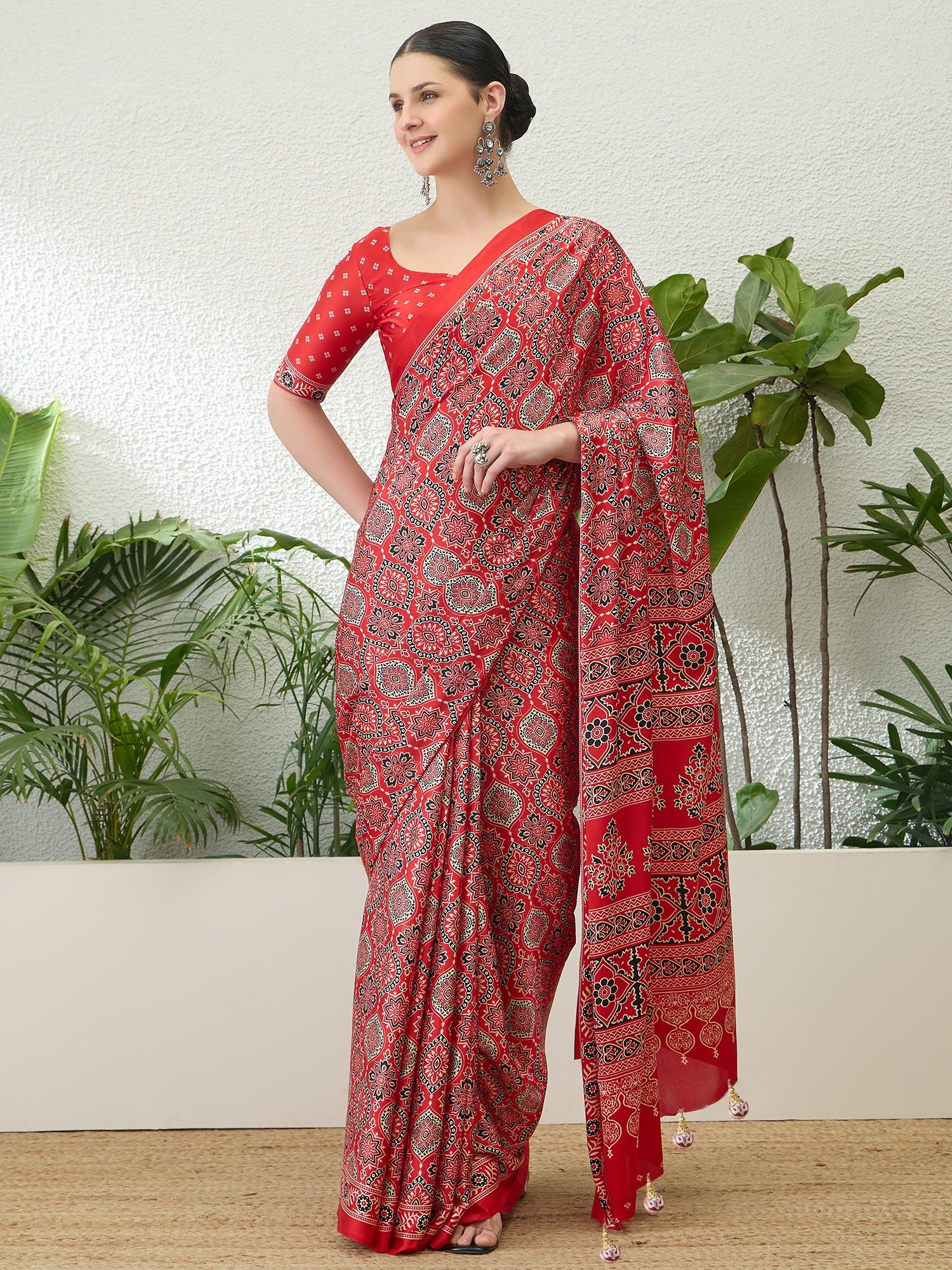 Fantabulous Festive Wear Satin Silk Ajrak Printed Rich Pallu Fancy Saree With Unstitched Blouse Piece