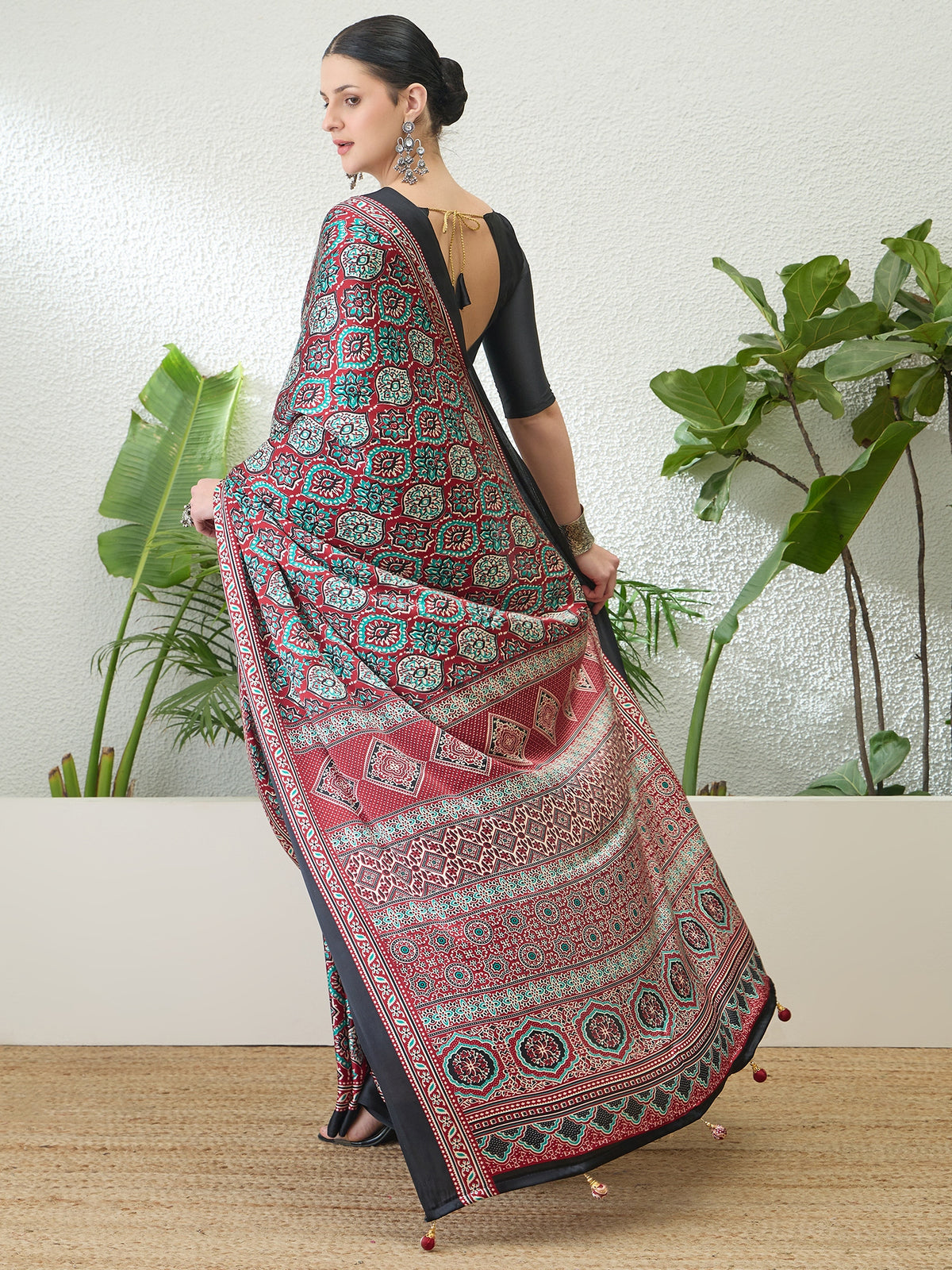 Divine Function Wear Satin Silk Ajrak Print Rich Pallu Fancy Saree With Unstitched Blouse Piece