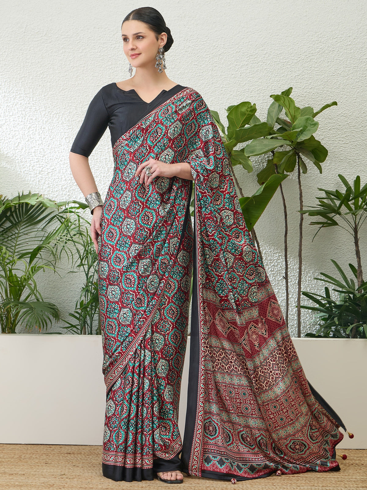 Divine Function Wear Satin Silk Ajrak Print Rich Pallu Fancy Saree With Unstitched Blouse Piece