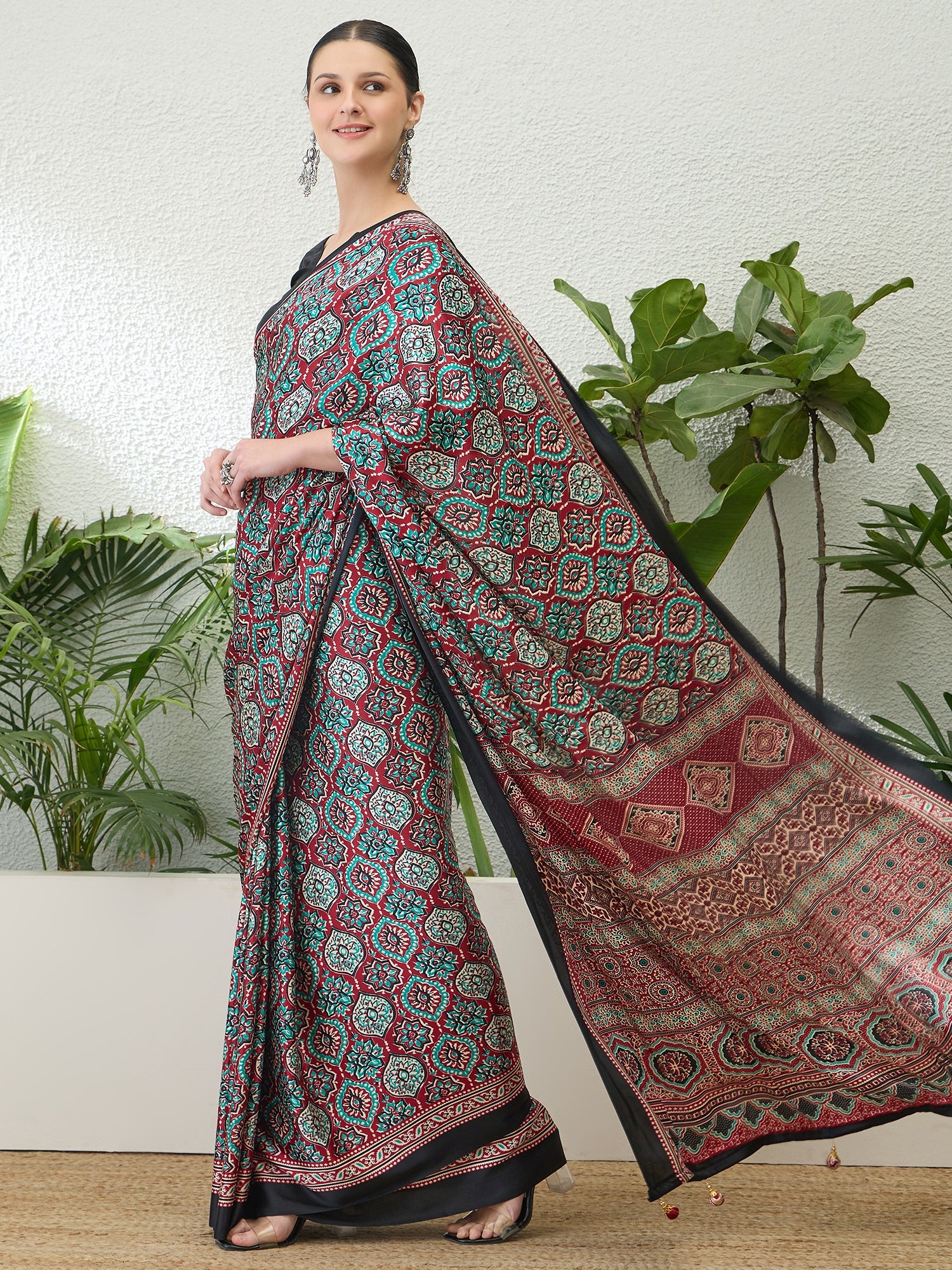 Divine Function Wear Satin Silk Ajrak Print Rich Pallu Fancy Saree With Unstitched Blouse Piece