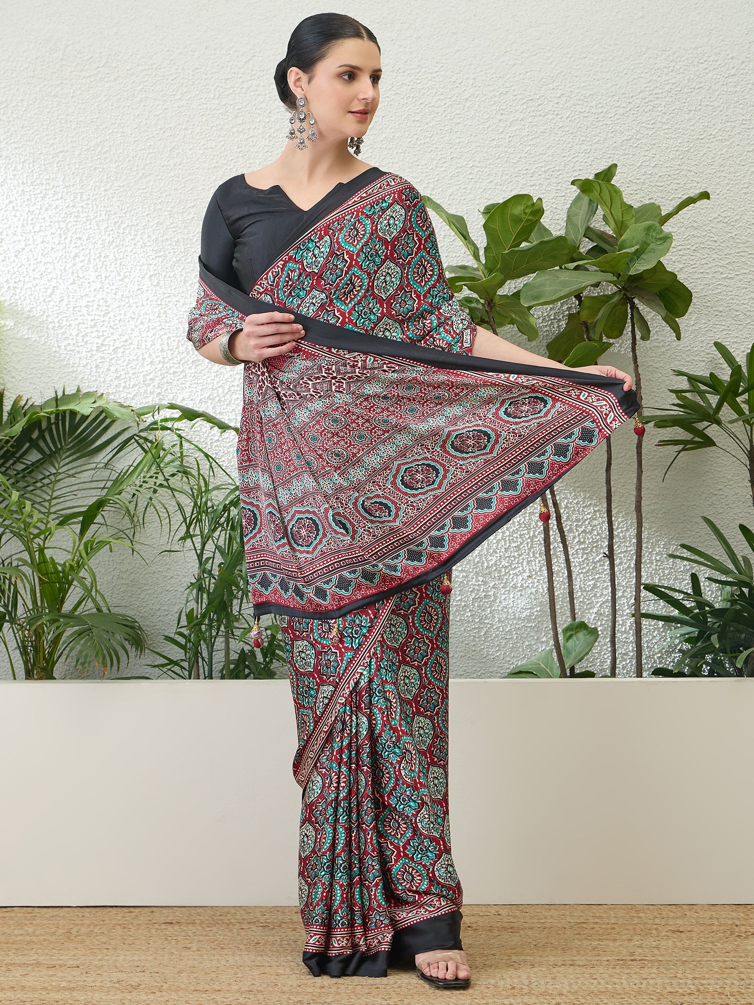 Divine Function Wear Satin Silk Ajrak Print Rich Pallu Fancy Saree With Unstitched Blouse Piece