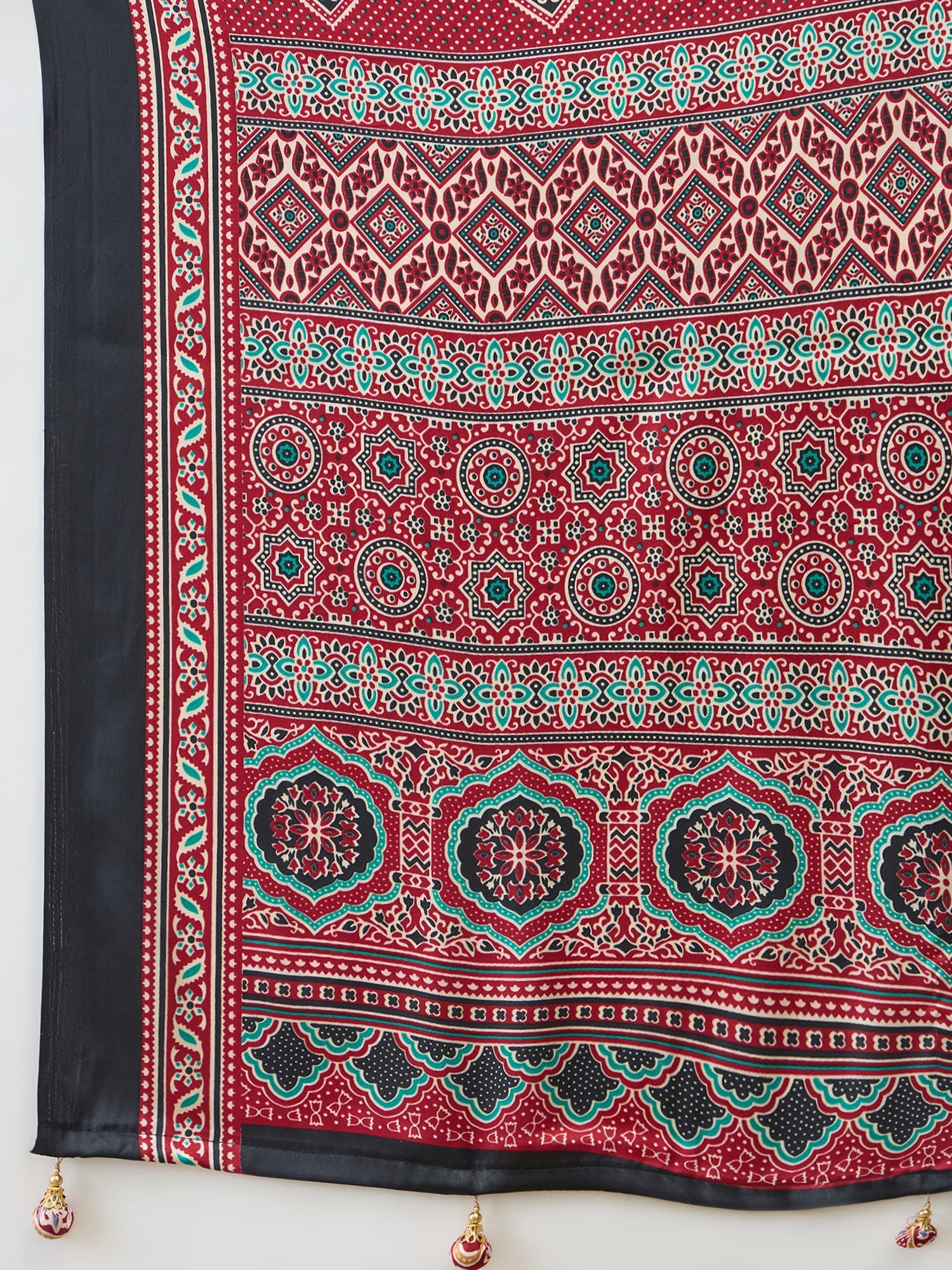 Divine Function Wear Satin Silk Ajrak Print Rich Pallu Fancy Saree With Unstitched Blouse Piece