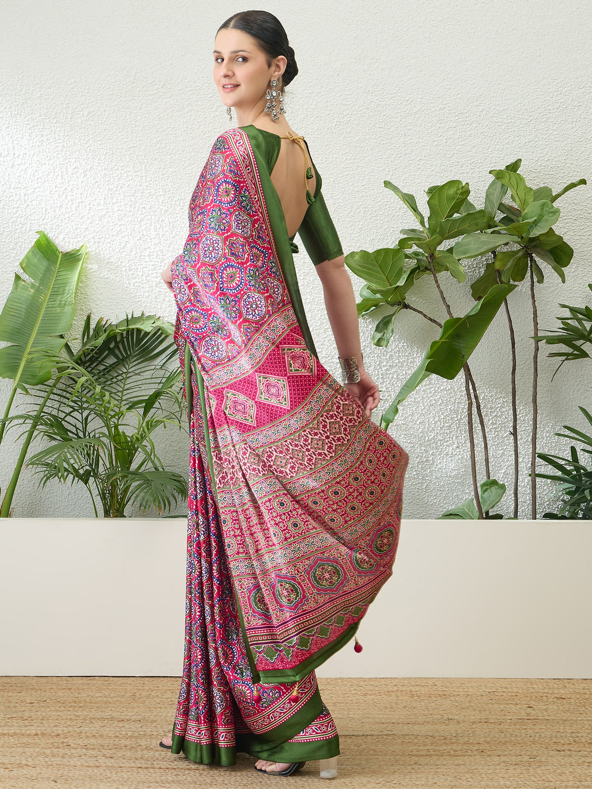 Divine Function Wear Satin Silk Ajrak Print Rich Pallu Fancy Saree With Unstitched Blouse Piece
