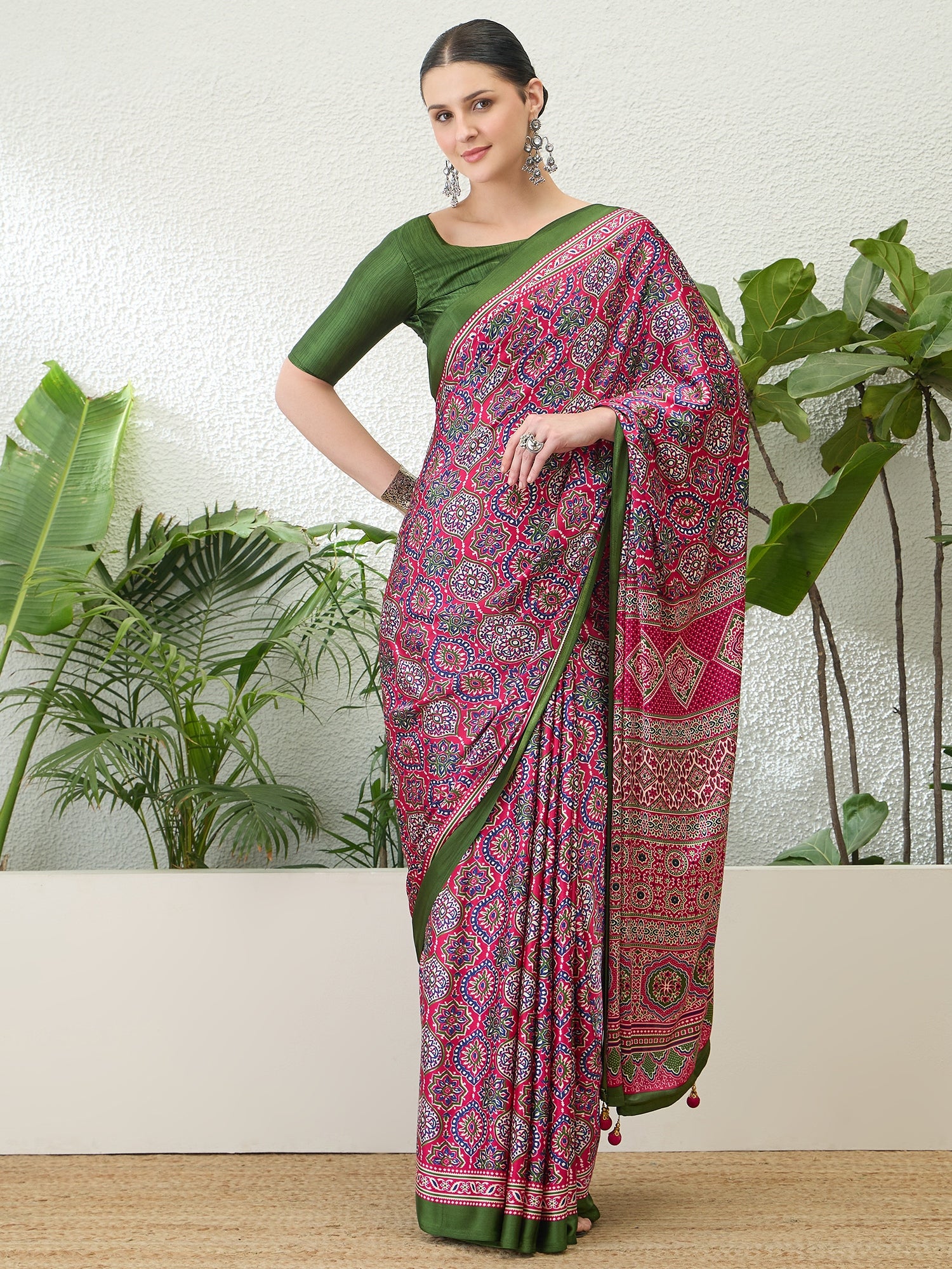 Divine Function Wear Satin Silk Ajrak Print Rich Pallu Fancy Saree With Unstitched Blouse Piece