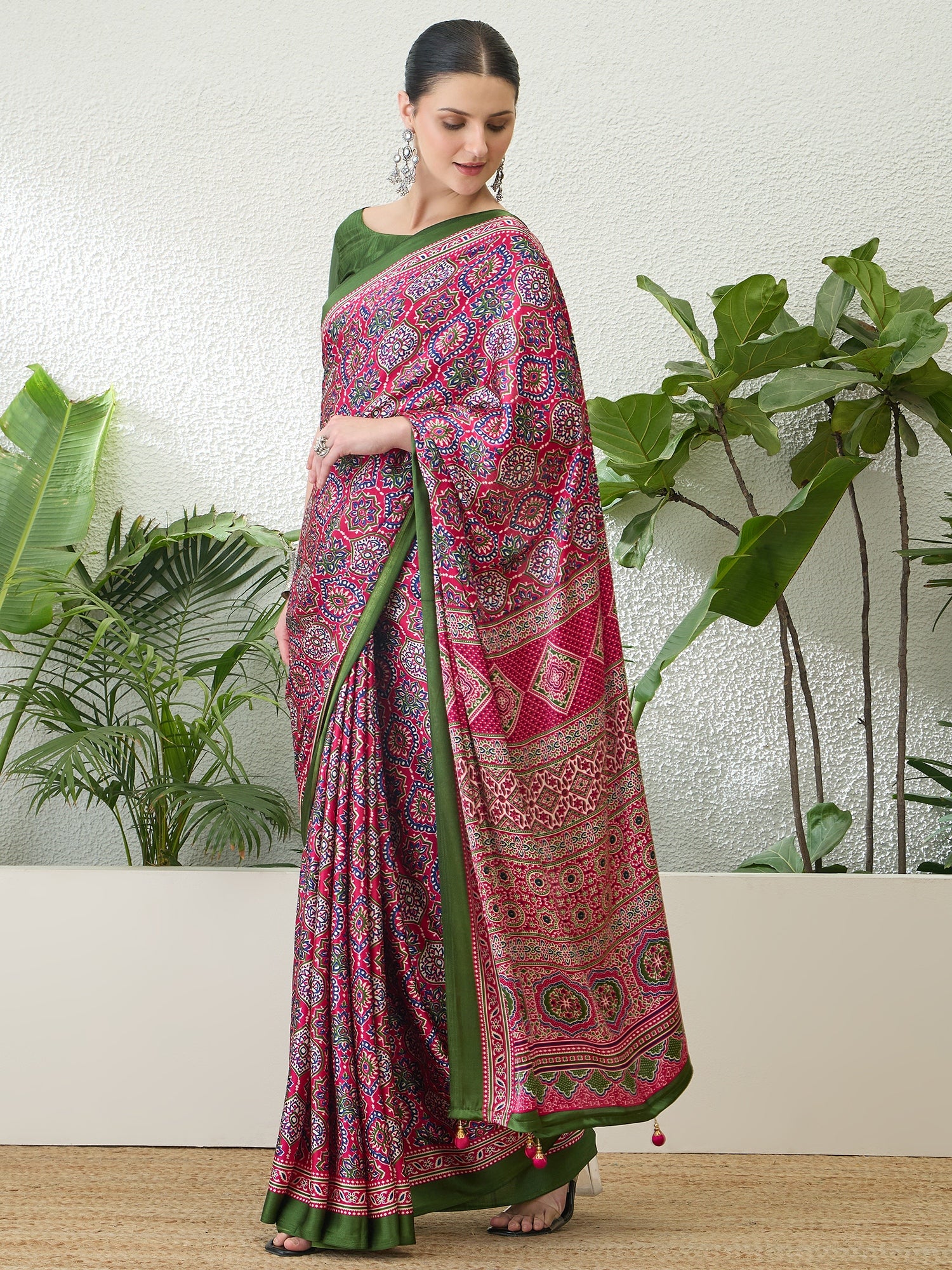 Divine Function Wear Satin Silk Ajrak Print Rich Pallu Fancy Saree With Unstitched Blouse Piece