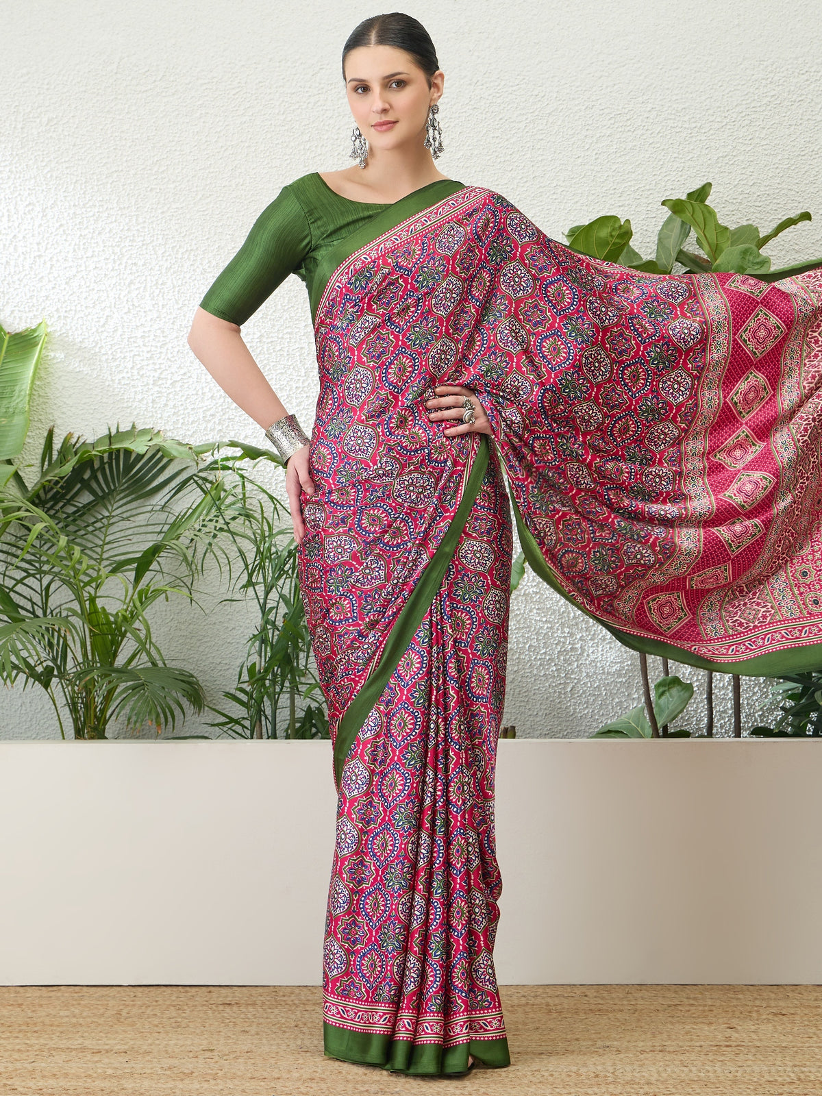 Divine Function Wear Satin Silk Ajrak Print Rich Pallu Fancy Saree With Unstitched Blouse Piece