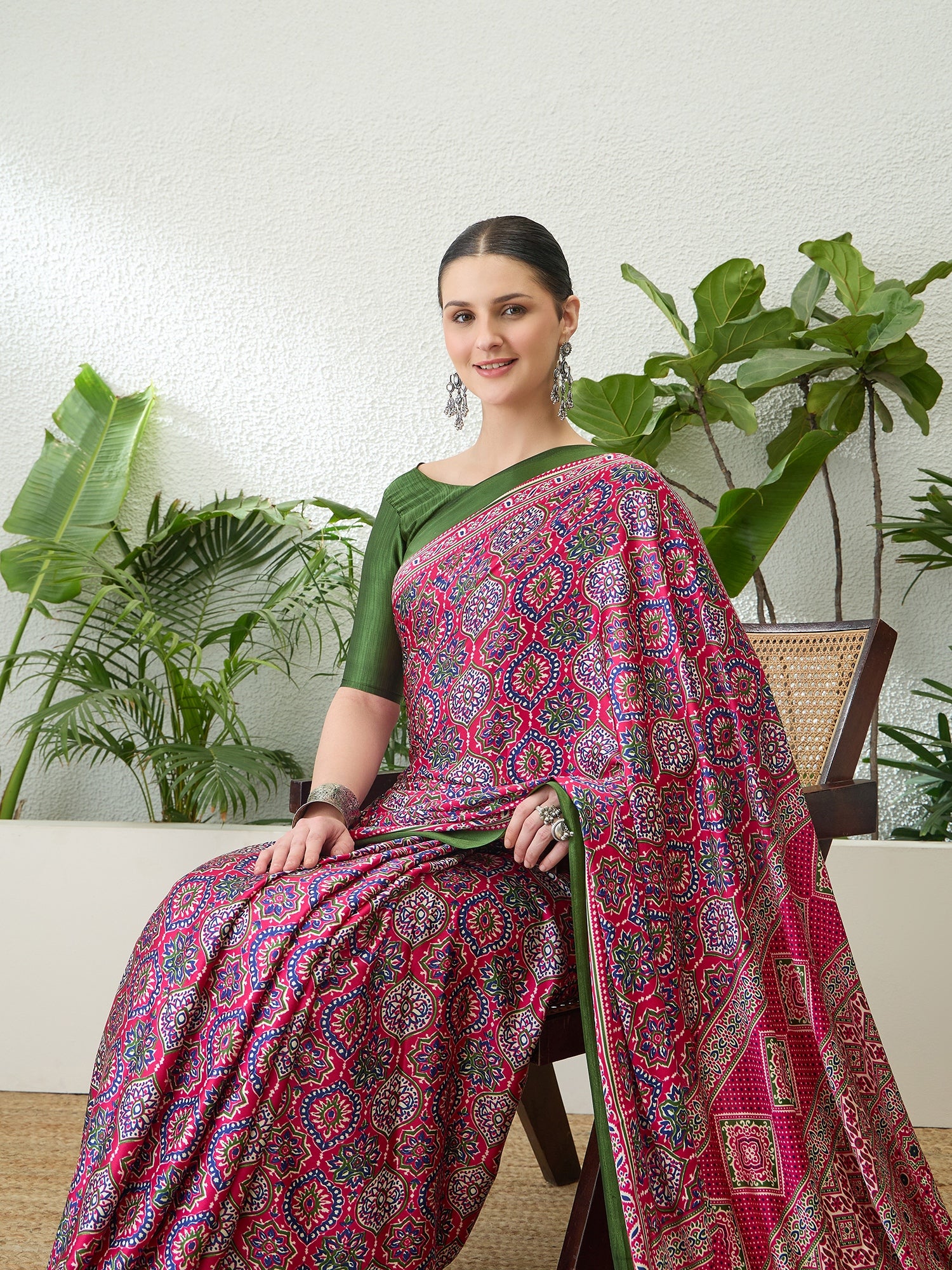Divine Function Wear Satin Silk Ajrak Print Rich Pallu Fancy Saree With Unstitched Blouse Piece