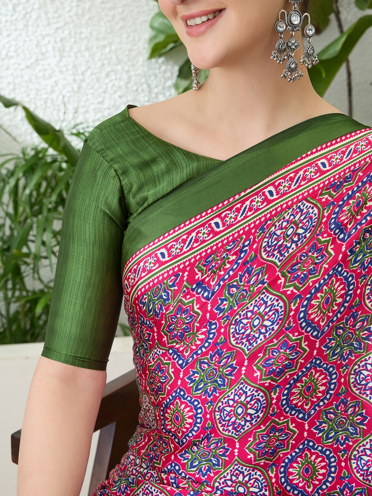Divine Function Wear Satin Silk Ajrak Print Rich Pallu Fancy Saree With Unstitched Blouse Piece