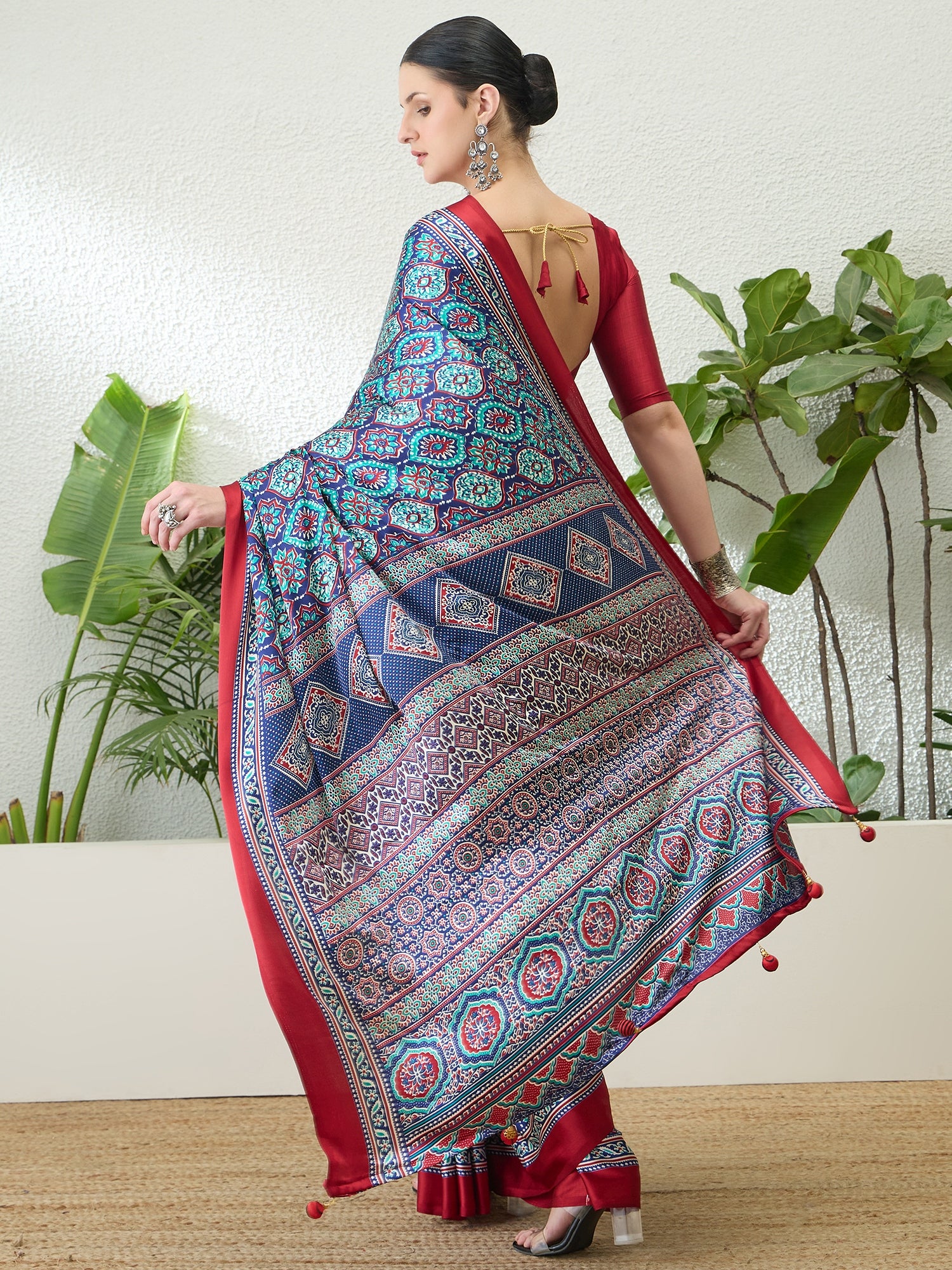 Divine Function Wear Satin Silk Ajrak Print Rich Pallu Fancy Saree With Unstitched Blouse Piece