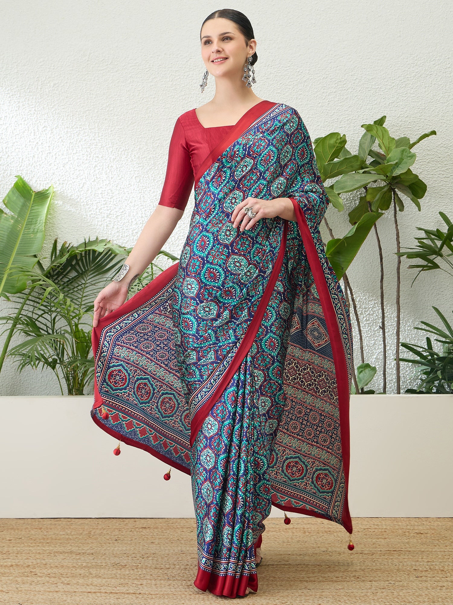 Divine Function Wear Satin Silk Ajrak Print Rich Pallu Fancy Saree With Unstitched Blouse Piece
