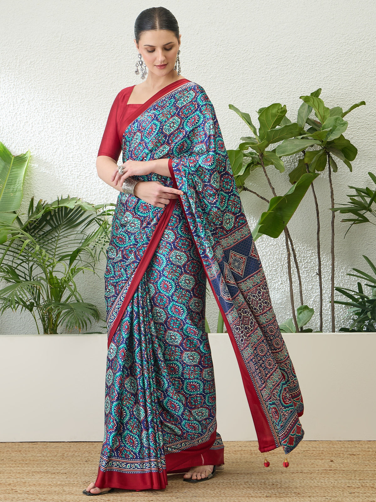 Divine Function Wear Satin Silk Ajrak Print Rich Pallu Fancy Saree With Unstitched Blouse Piece