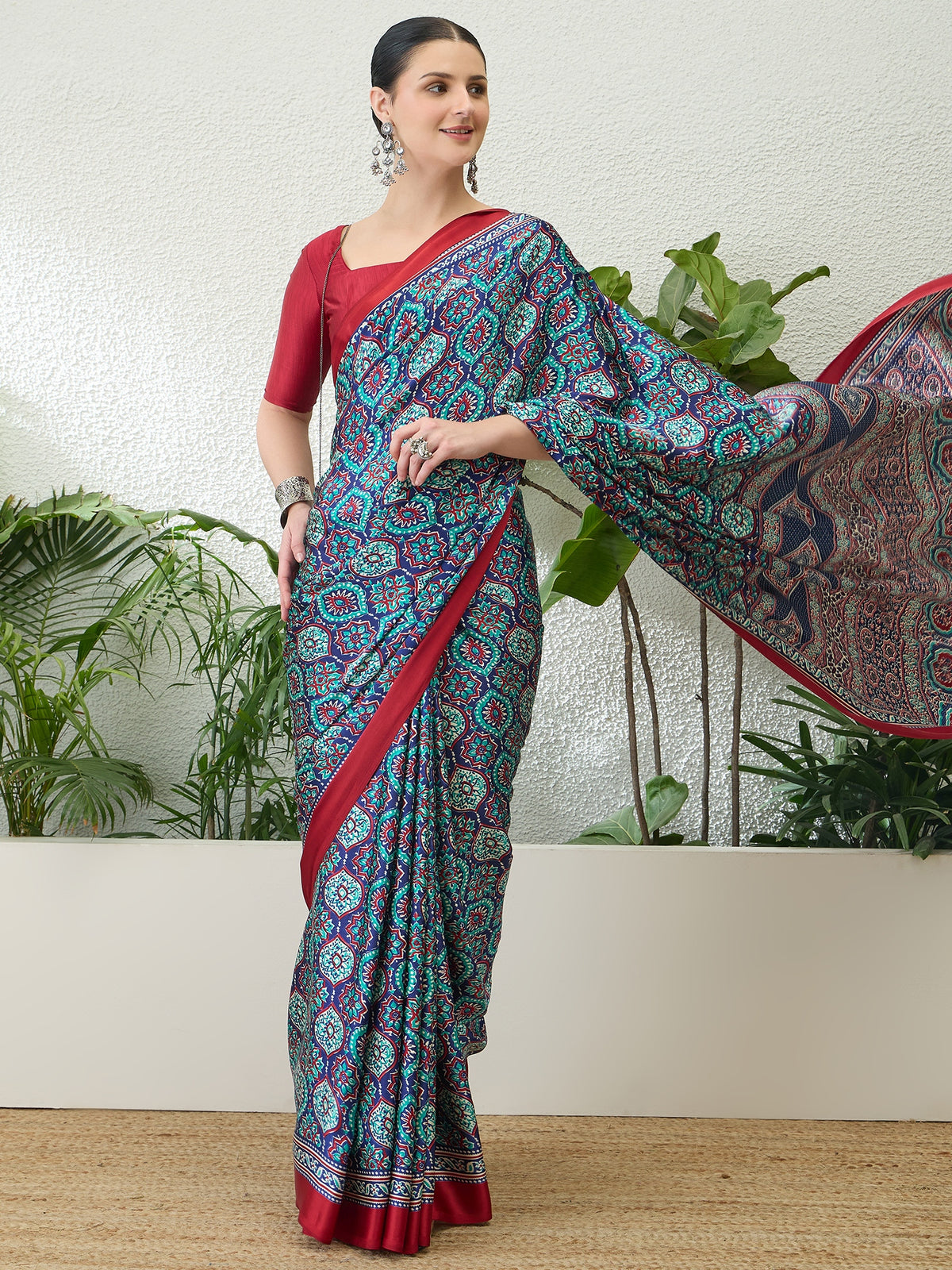 Divine Function Wear Satin Silk Ajrak Print Rich Pallu Fancy Saree With Unstitched Blouse Piece