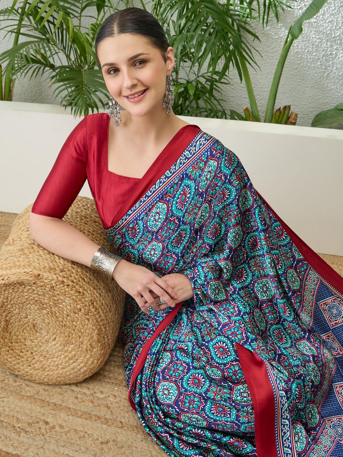 Divine Function Wear Satin Silk Ajrak Print Rich Pallu Fancy Saree With Unstitched Blouse Piece