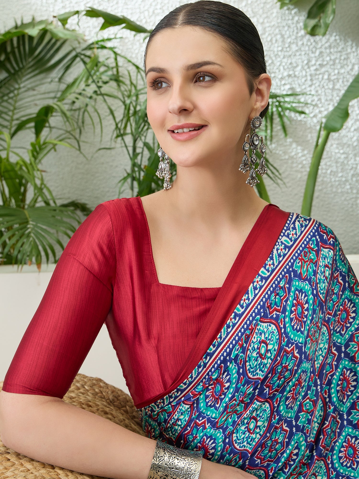 Divine Function Wear Satin Silk Ajrak Print Rich Pallu Fancy Saree With Unstitched Blouse Piece