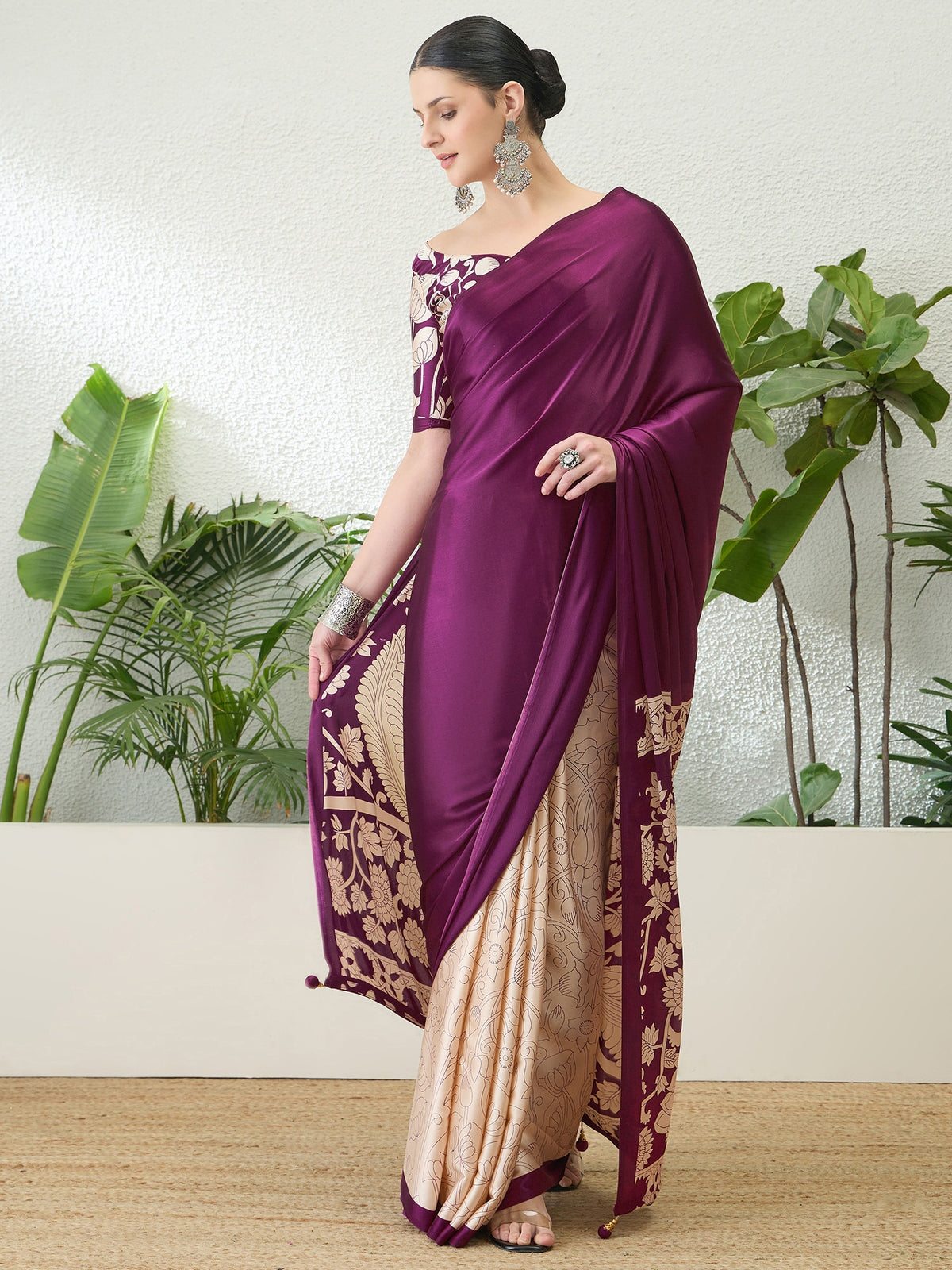 Exuberant Party Wear Satin Silk Floral Print Tussle Work Fancy Designer Saree With Unstitched Blouse