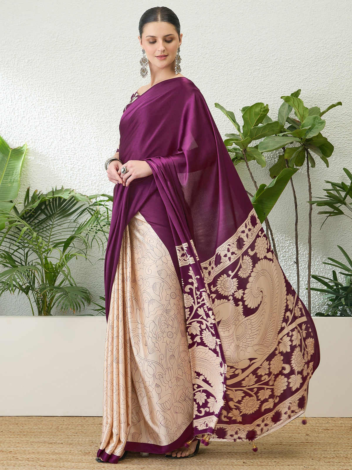 Exuberant Party Wear Satin Silk Floral Print Tussle Work Fancy Designer Saree With Unstitched Blouse