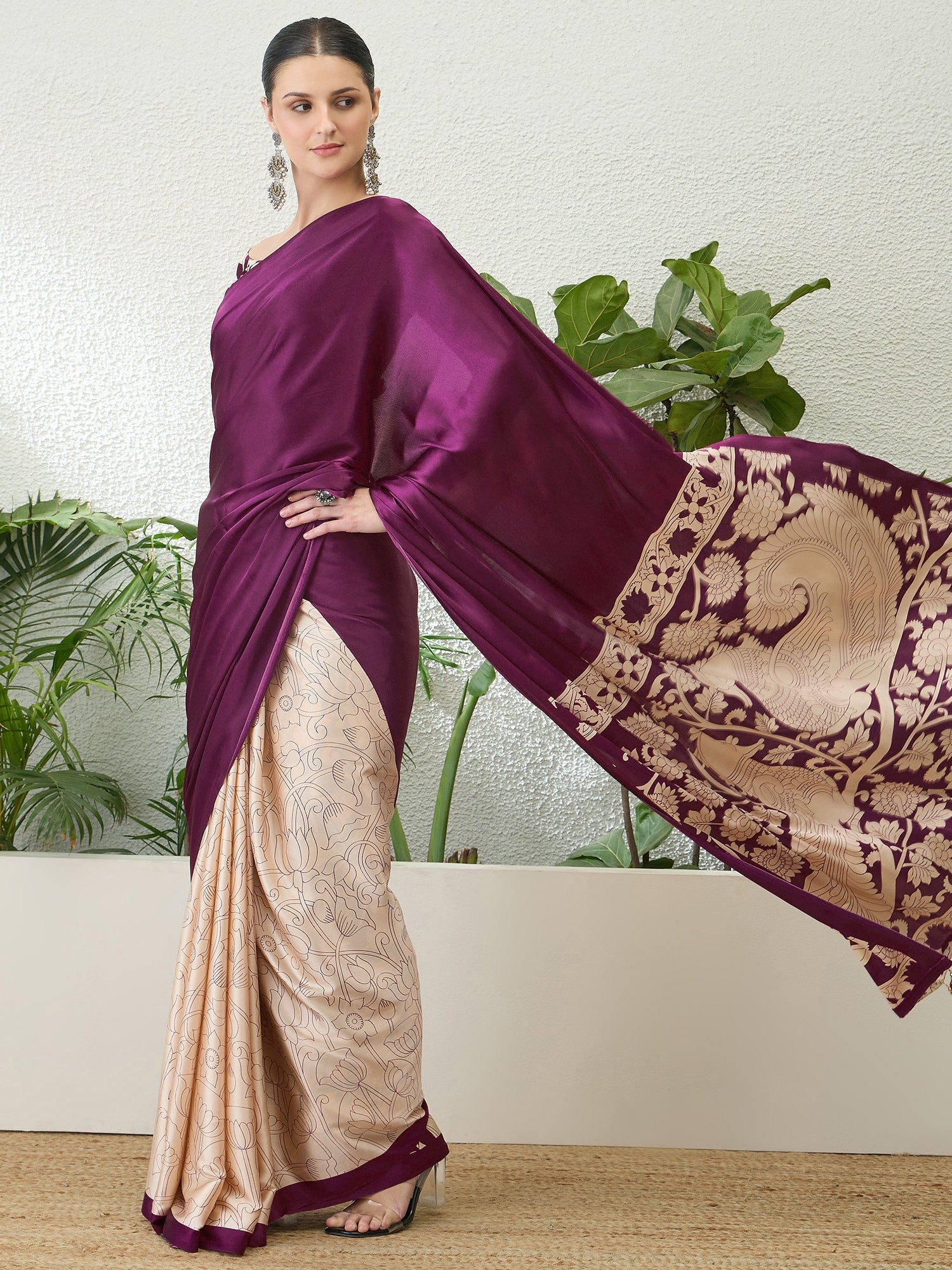 Exuberant Party Wear Satin Silk Floral Print Tussle Work Fancy Designer Saree With Unstitched Blouse