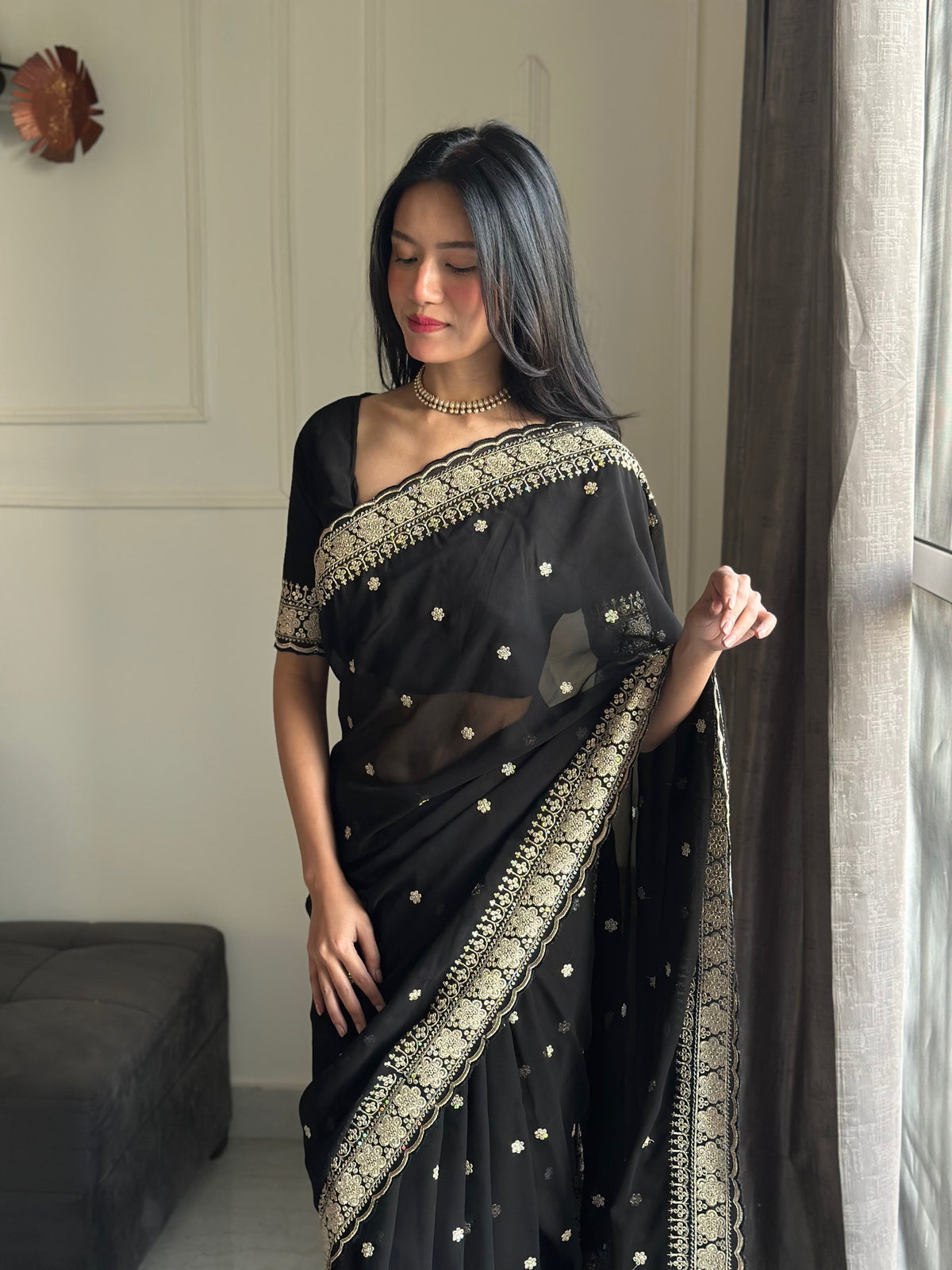 Exquisite Party Wear Soft Faux Georgette Embroidery n Sequence Zari Work Fancy Designer Saree With Unstithced Blouse Piece