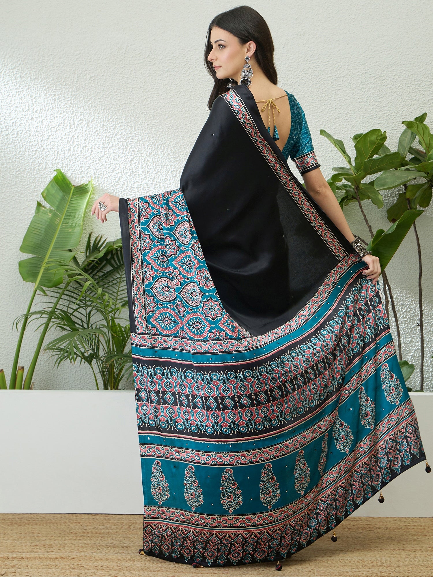 Blossom Party Wear Satin Silk Ajrak Print Rich Pallu Fancy Saree With Unstitched Blouse Piece