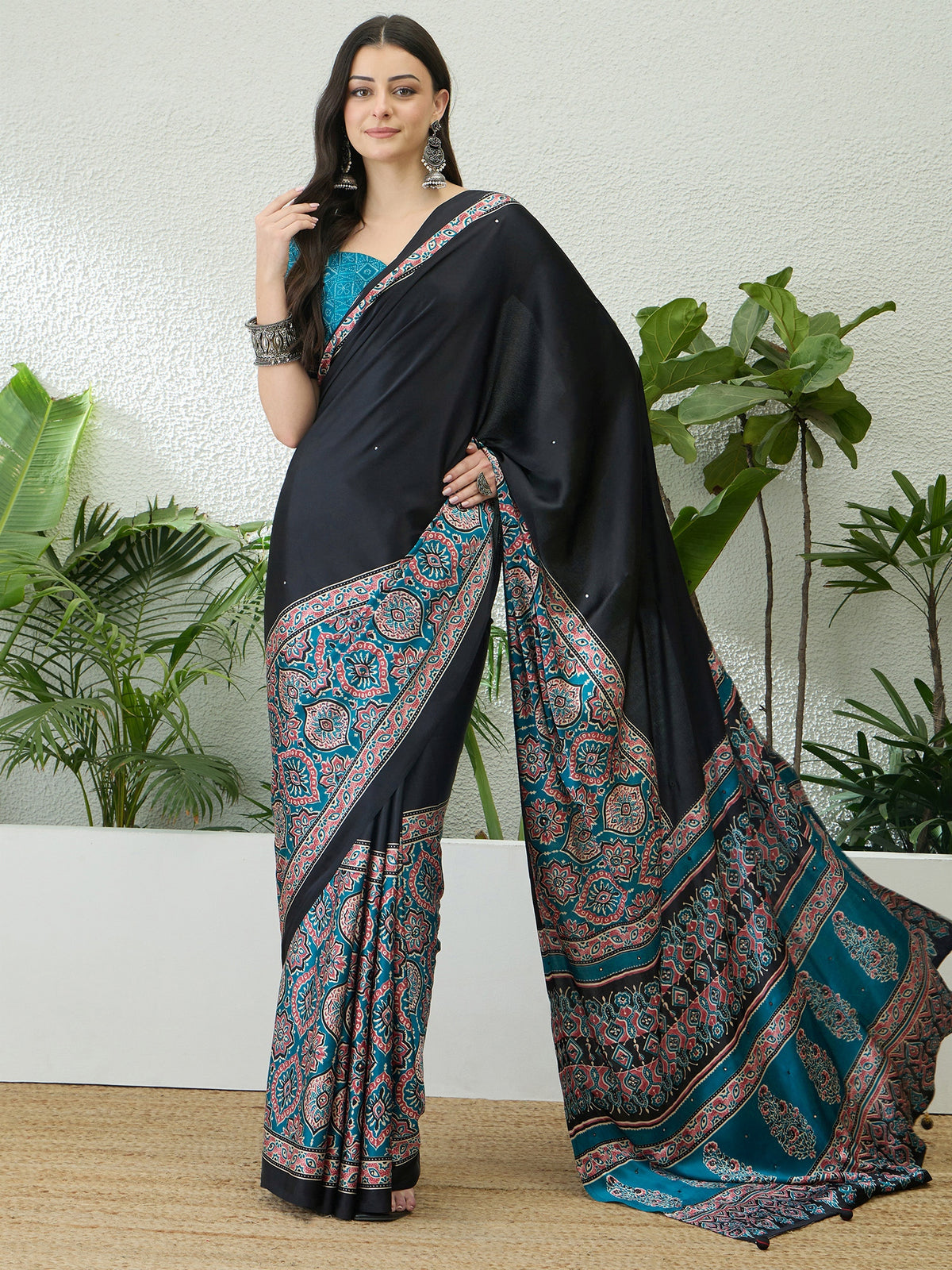 Blossom Party Wear Satin Silk Ajrak Print Rich Pallu Fancy Saree With Unstitched Blouse Piece