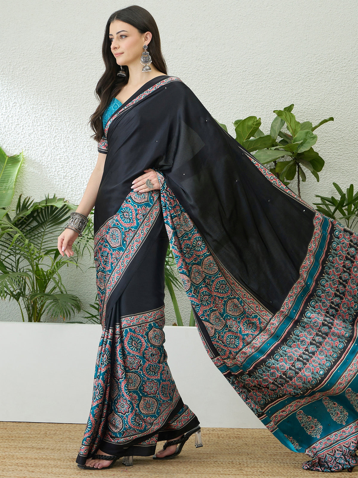 Blossom Party Wear Satin Silk Ajrak Print Rich Pallu Fancy Saree With Unstitched Blouse Piece