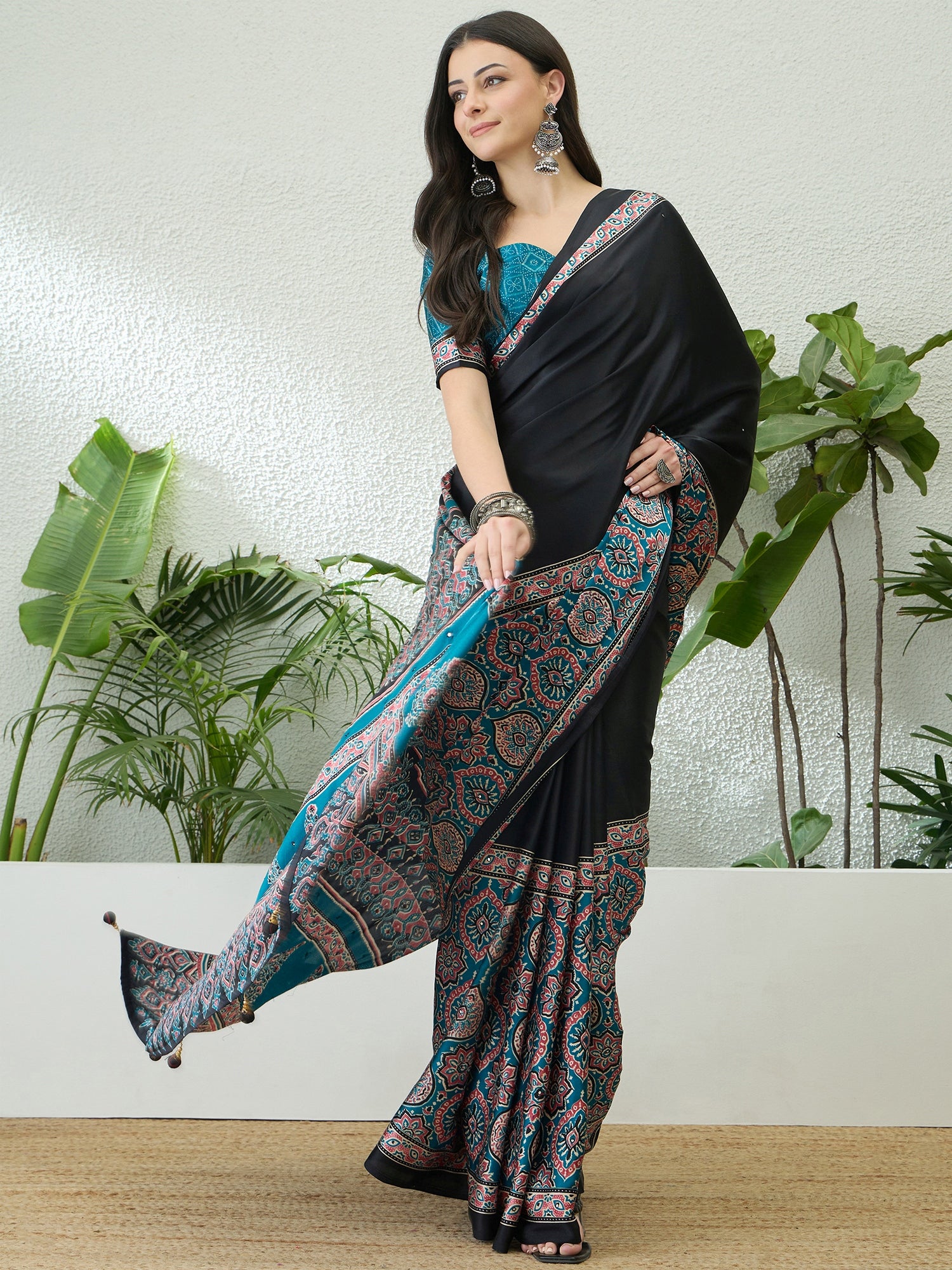 Blossom Party Wear Satin Silk Ajrak Print Rich Pallu Fancy Saree With Unstitched Blouse Piece