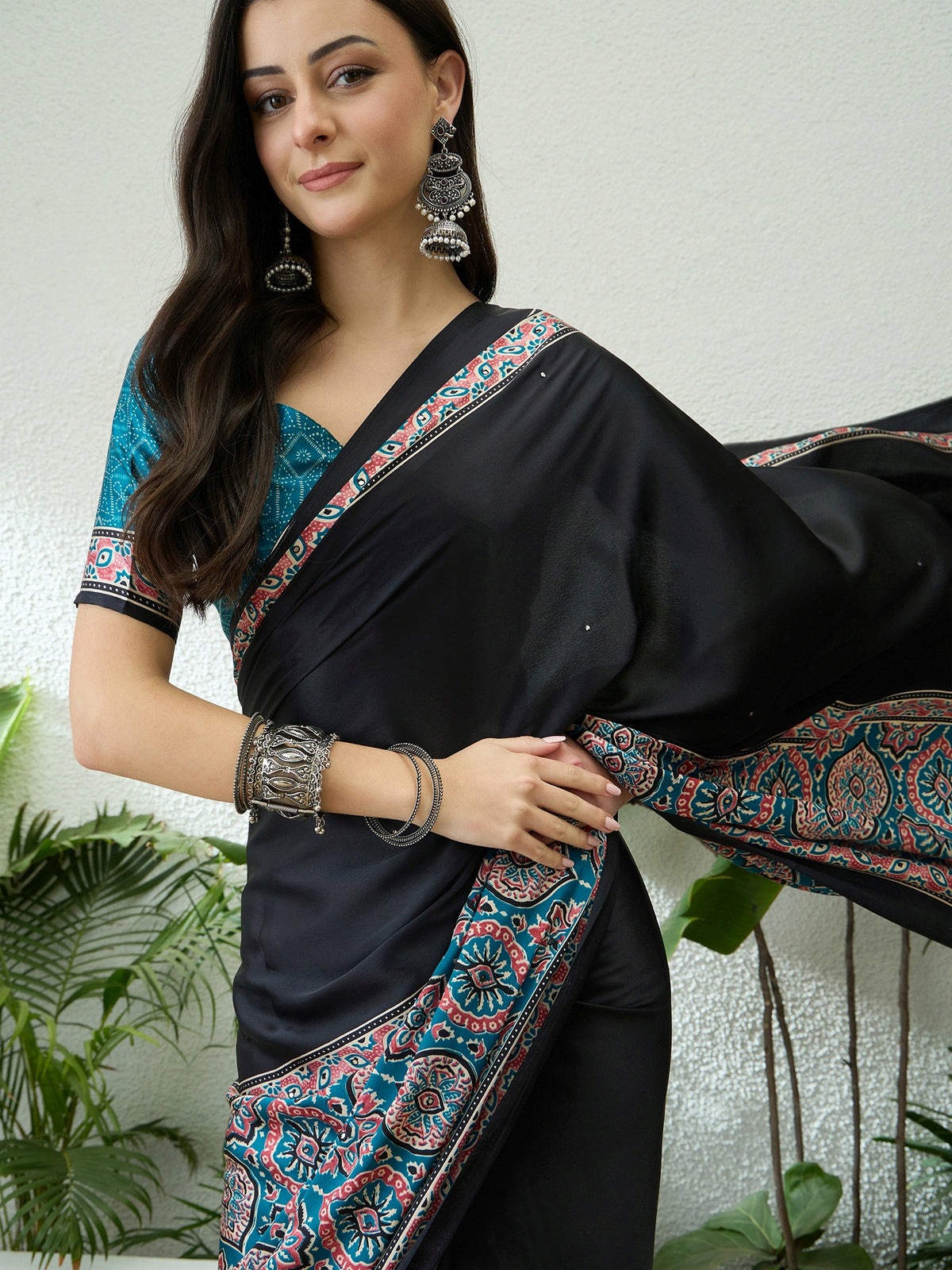 Blossom Party Wear Satin Silk Ajrak Print Rich Pallu Fancy Saree With Unstitched Blouse Piece