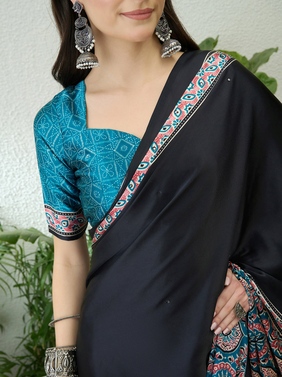 Blossom Party Wear Satin Silk Ajrak Print Rich Pallu Fancy Saree With Unstitched Blouse Piece