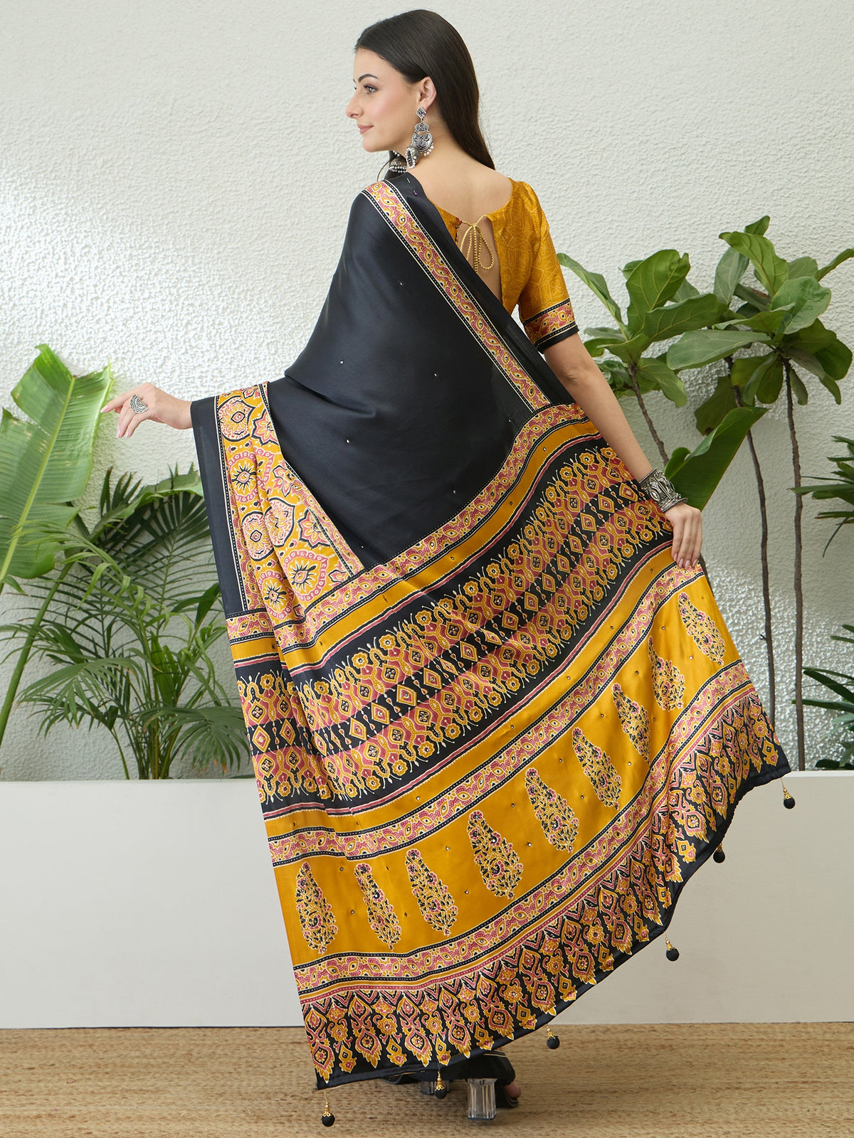Blossom Party Wear Satin Silk Ajrak Print Rich Pallu Fancy Saree With Unstitched Blouse Piece