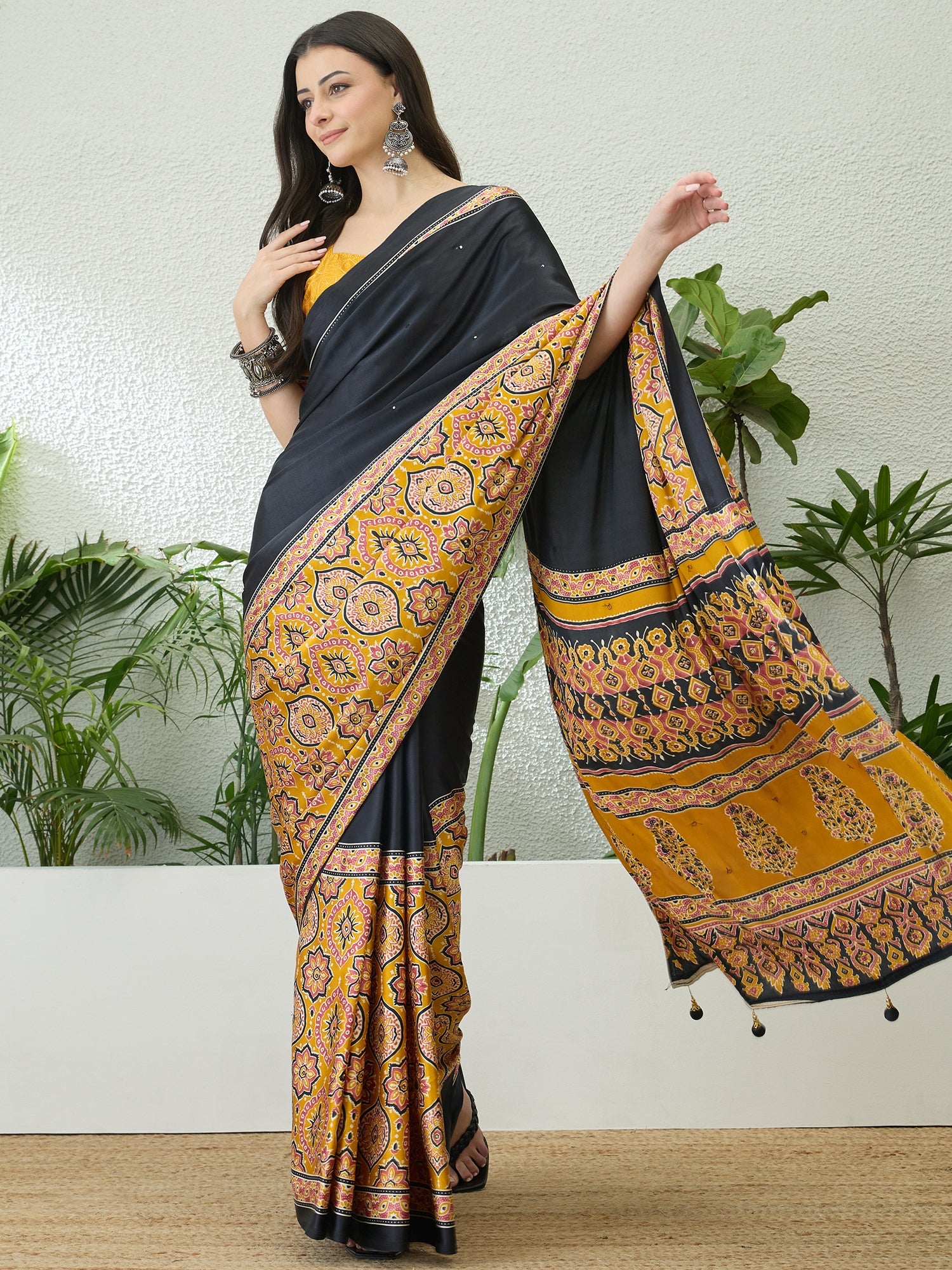 Blossom Party Wear Satin Silk Ajrak Print Rich Pallu Fancy Saree With Unstitched Blouse Piece