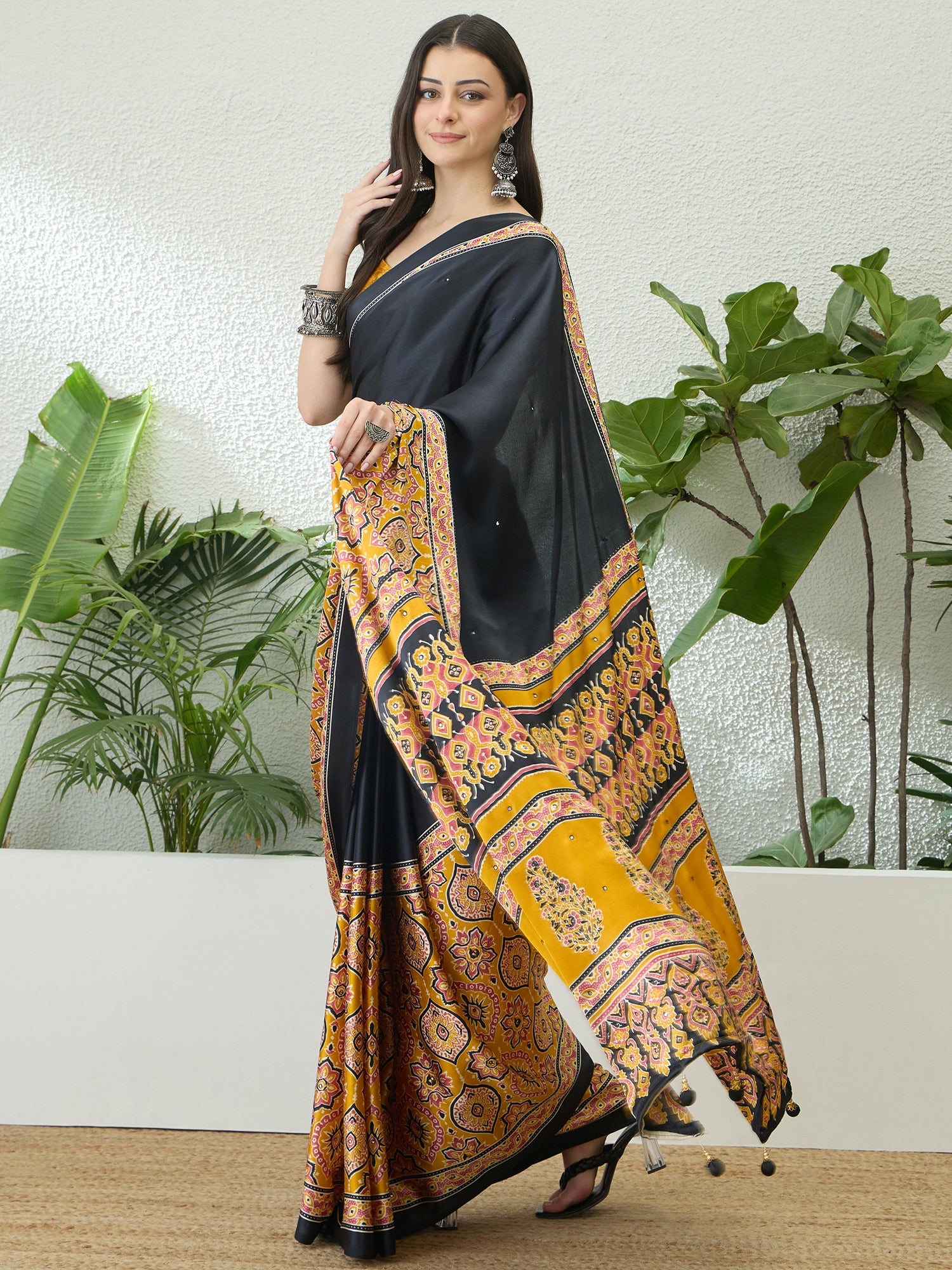 Blossom Party Wear Satin Silk Ajrak Print Rich Pallu Fancy Saree With Unstitched Blouse Piece