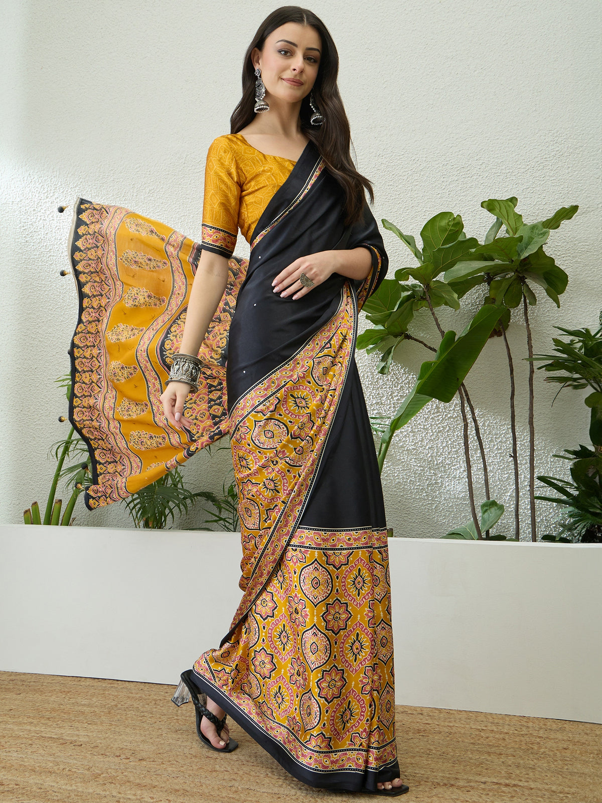 Blossom Party Wear Satin Silk Ajrak Print Rich Pallu Fancy Saree With Unstitched Blouse Piece