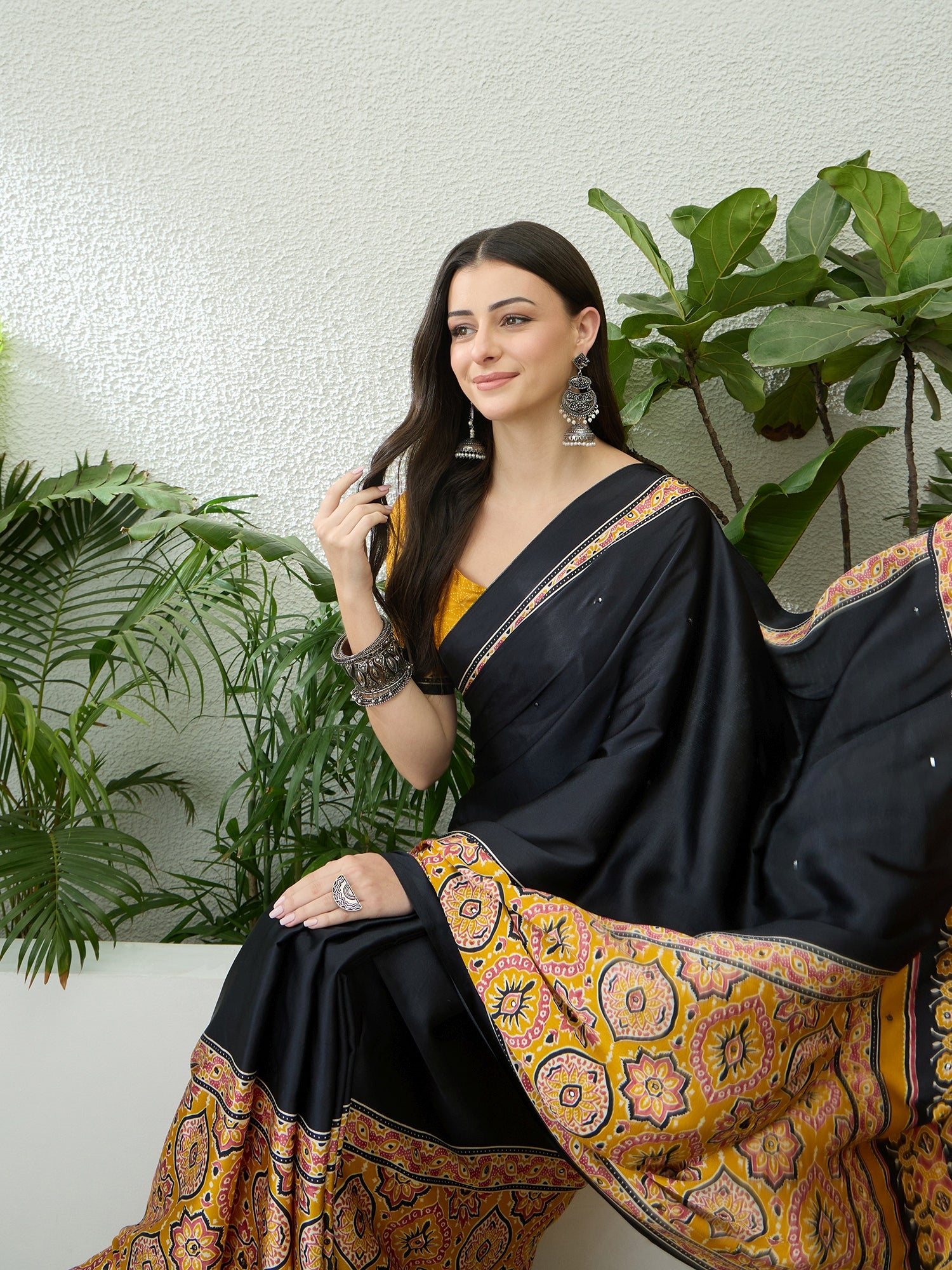 Blossom Party Wear Satin Silk Ajrak Print Rich Pallu Fancy Saree With Unstitched Blouse Piece