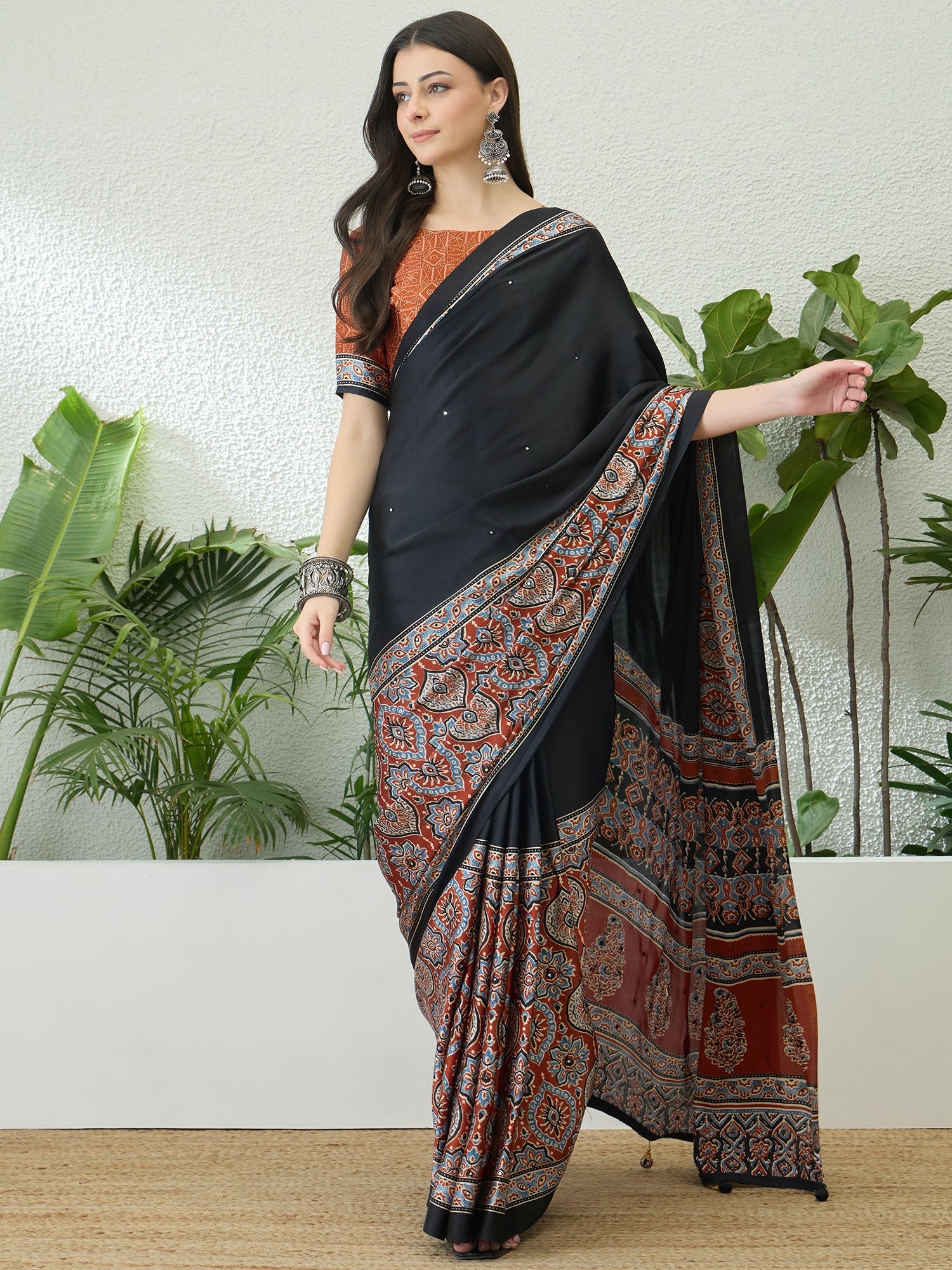 Blossom Party Wear Satin Silk Ajrak Print Rich Pallu Fancy Saree With Unstitched Blouse Piece