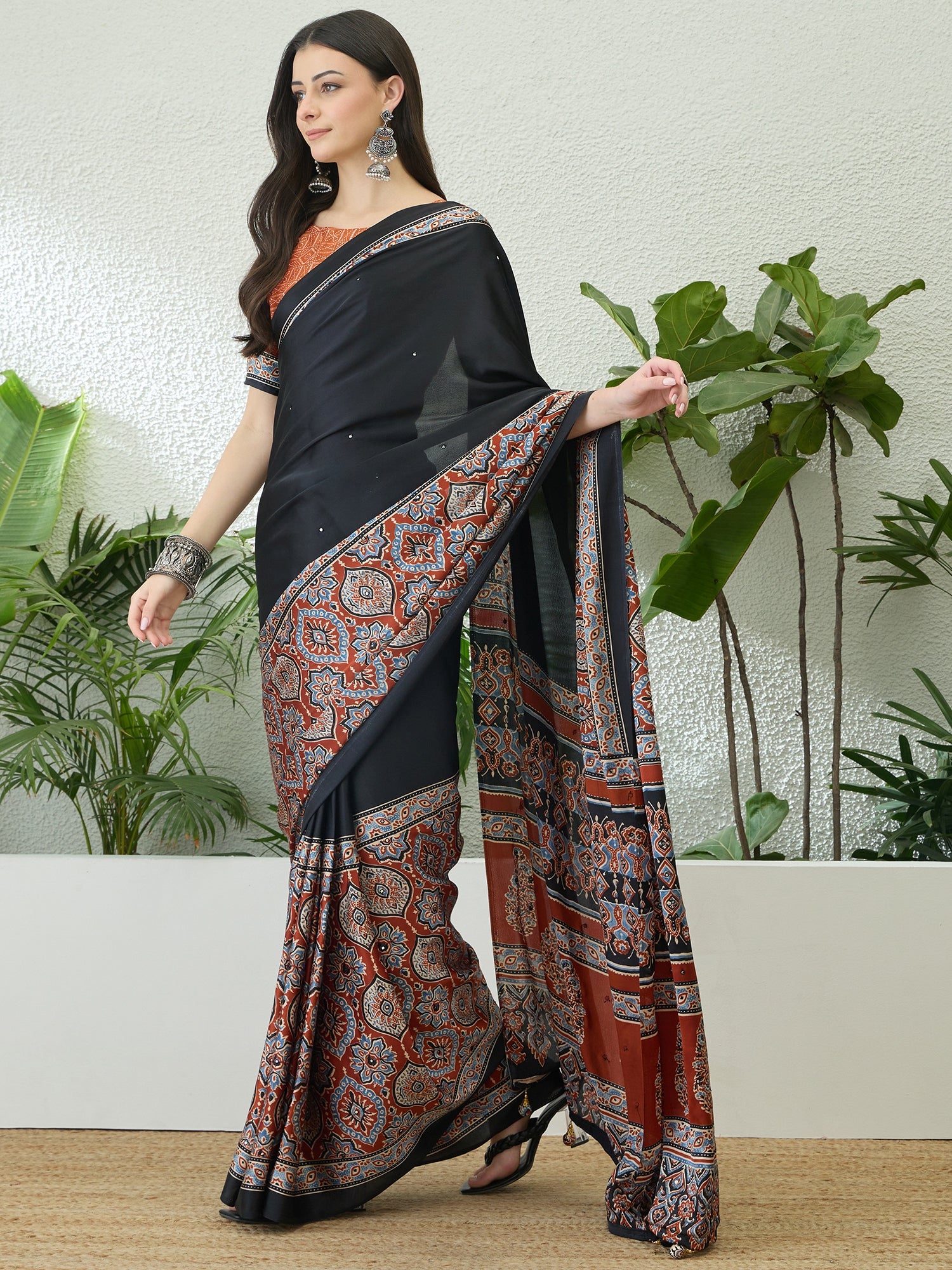 Blossom Party Wear Satin Silk Ajrak Print Rich Pallu Fancy Saree With Unstitched Blouse Piece