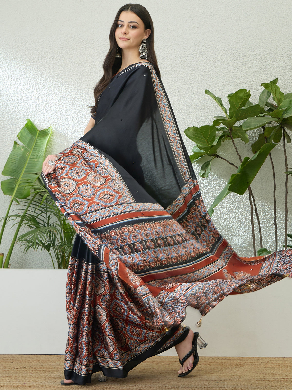 Blossom Party Wear Satin Silk Ajrak Print Rich Pallu Fancy Saree With Unstitched Blouse Piece