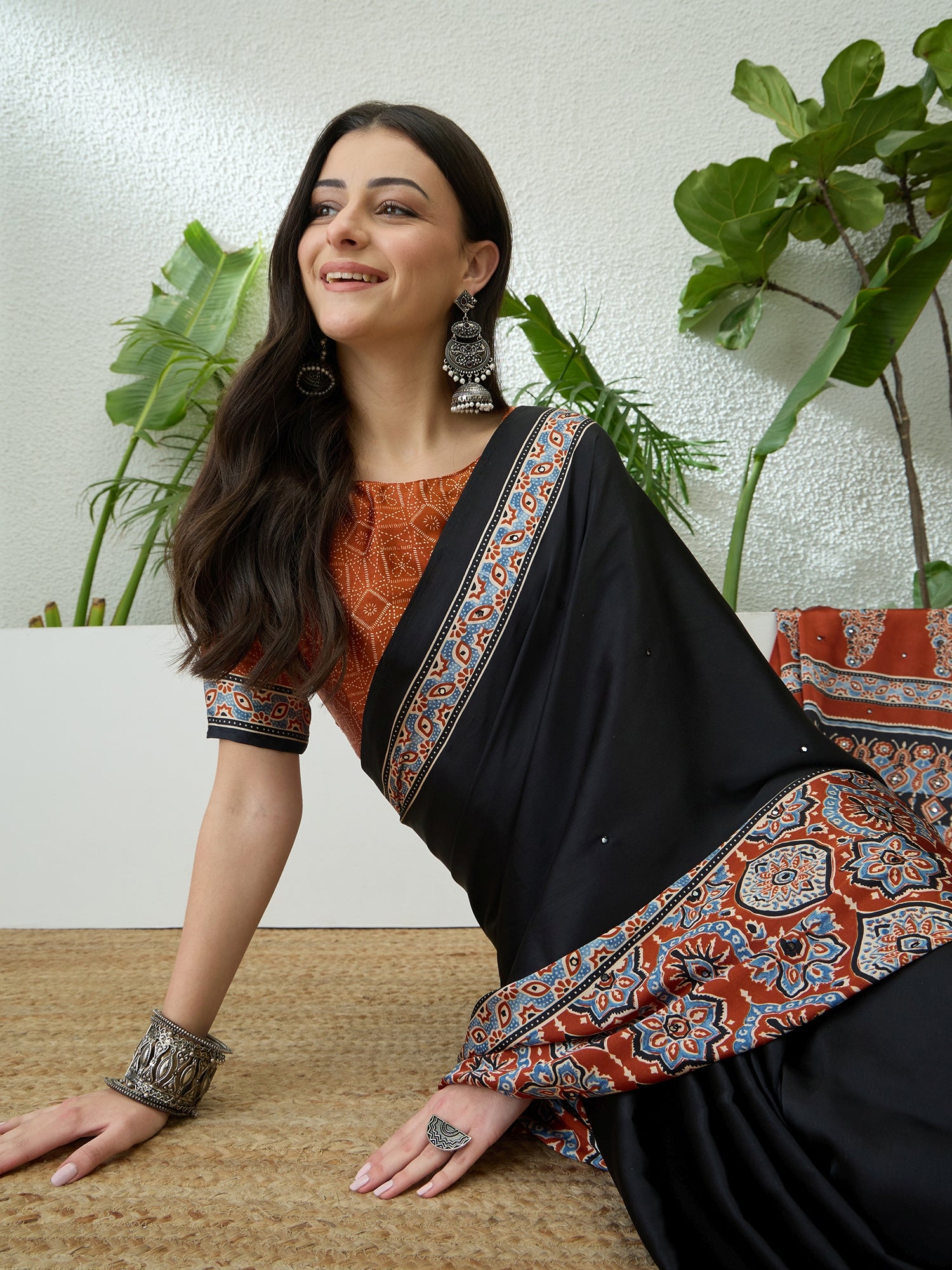 Blossom Party Wear Satin Silk Ajrak Print Rich Pallu Fancy Saree With Unstitched Blouse Piece