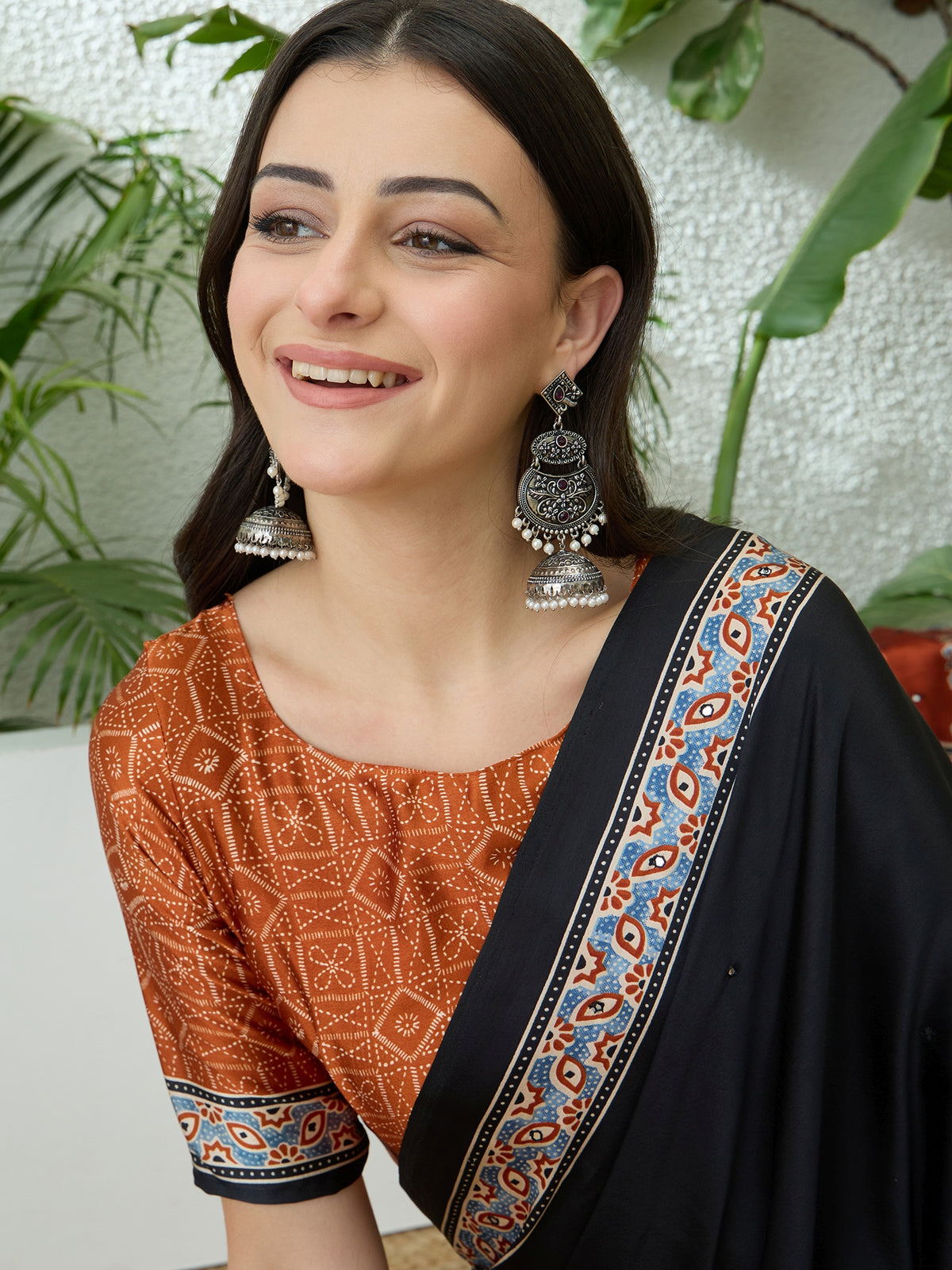Blossom Party Wear Satin Silk Ajrak Print Rich Pallu Fancy Saree With Unstitched Blouse Piece